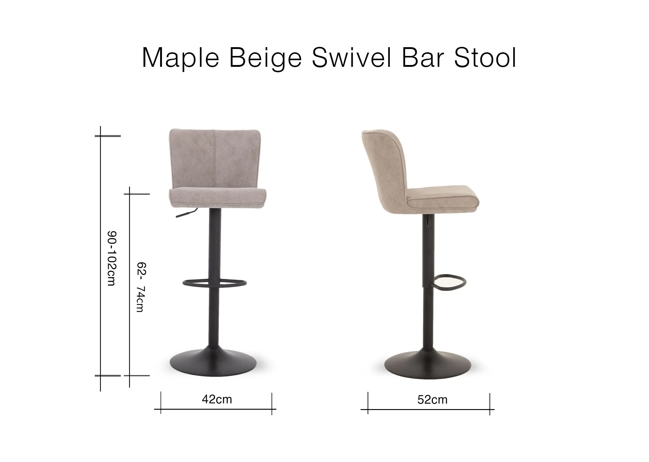 A dimension image of the Maple Bar Stool with 42cm x 52cm x 90cm-102cmH