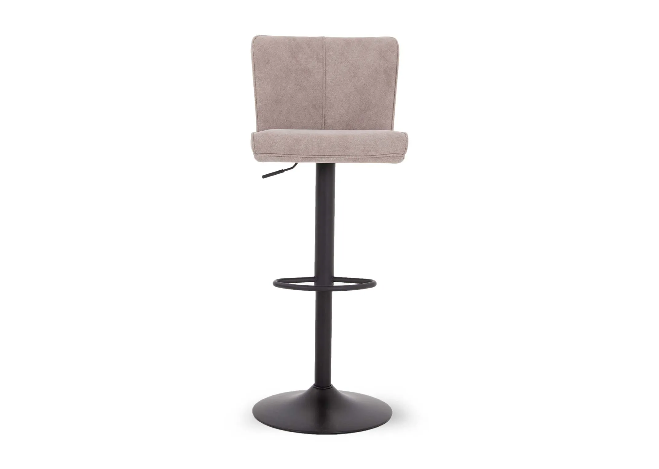 A biscuit grey fabric swivel bar stool from EZ Livings Maple range. Front view of level under seat & metal foot rest