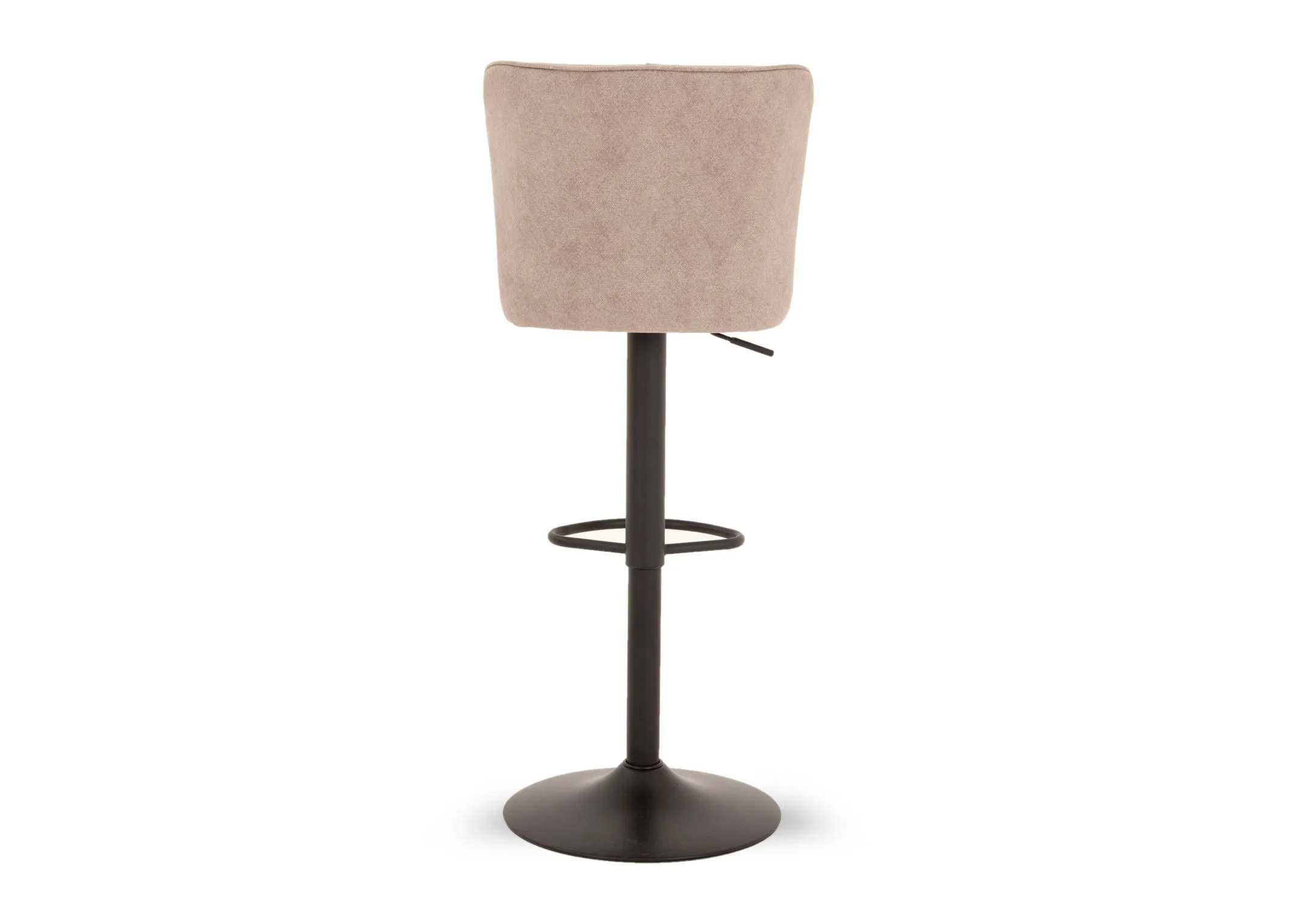 A greige fabric swivel bar stool from EZ Livings Maple range. Back view of supportive back rest and metal foot wrung that extends to front.