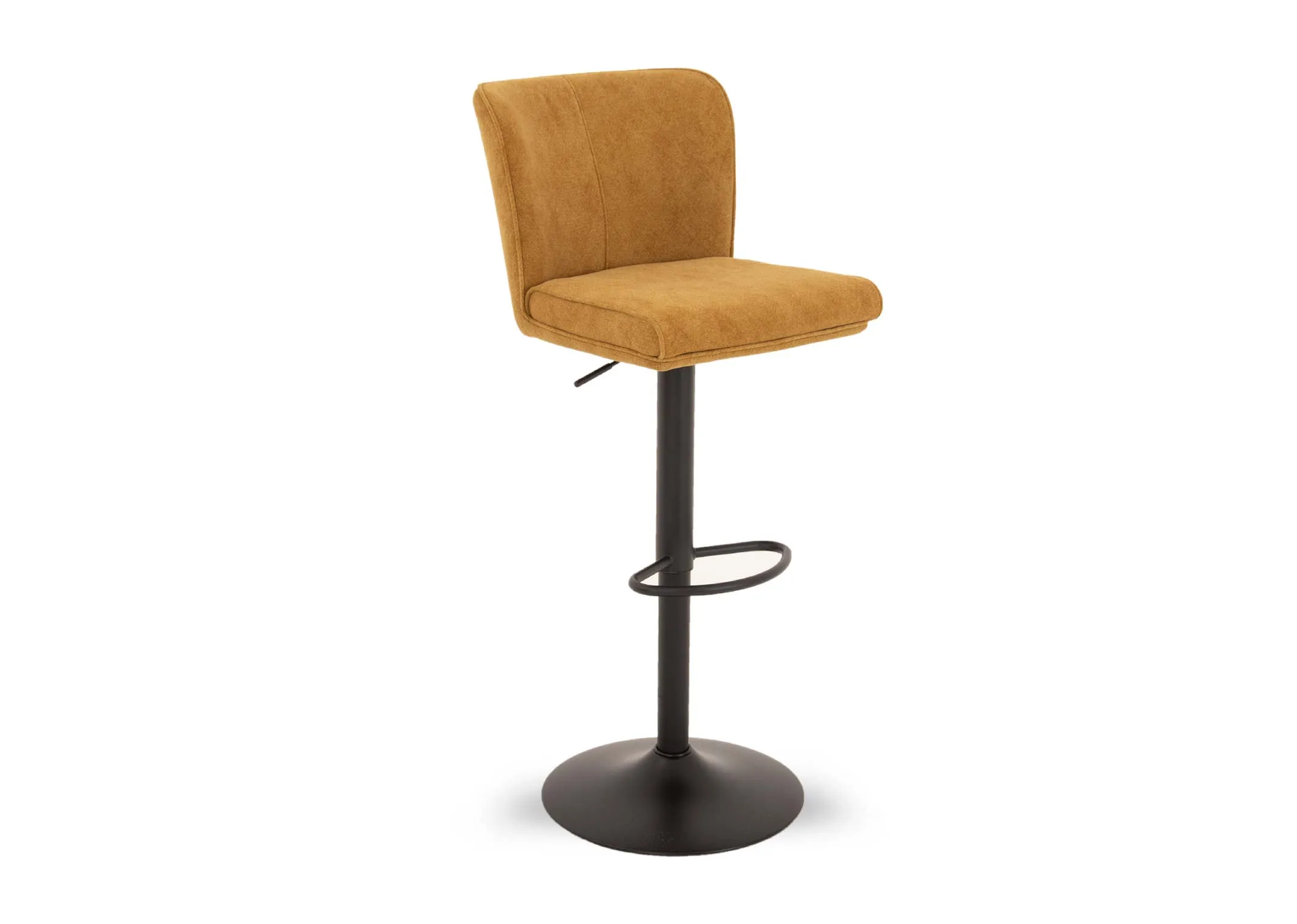 A yellow fabric swivel bar stool from EZ Livings Maple range. Angled view of black round metal base