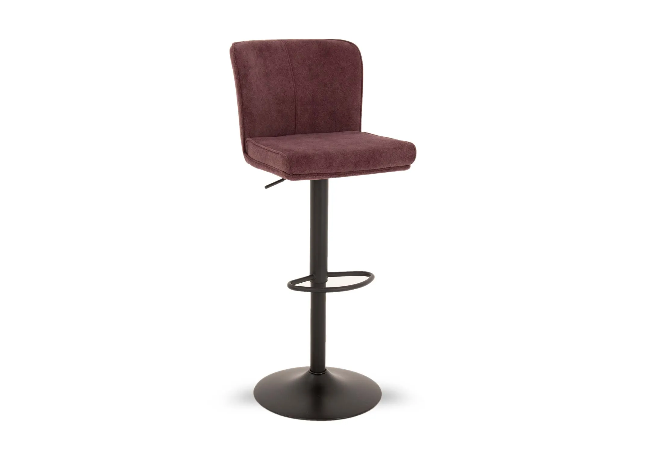 A dark mulberry purple fabric swivel bar stool from EZ Livings Maple range. Angled view of black round metal base