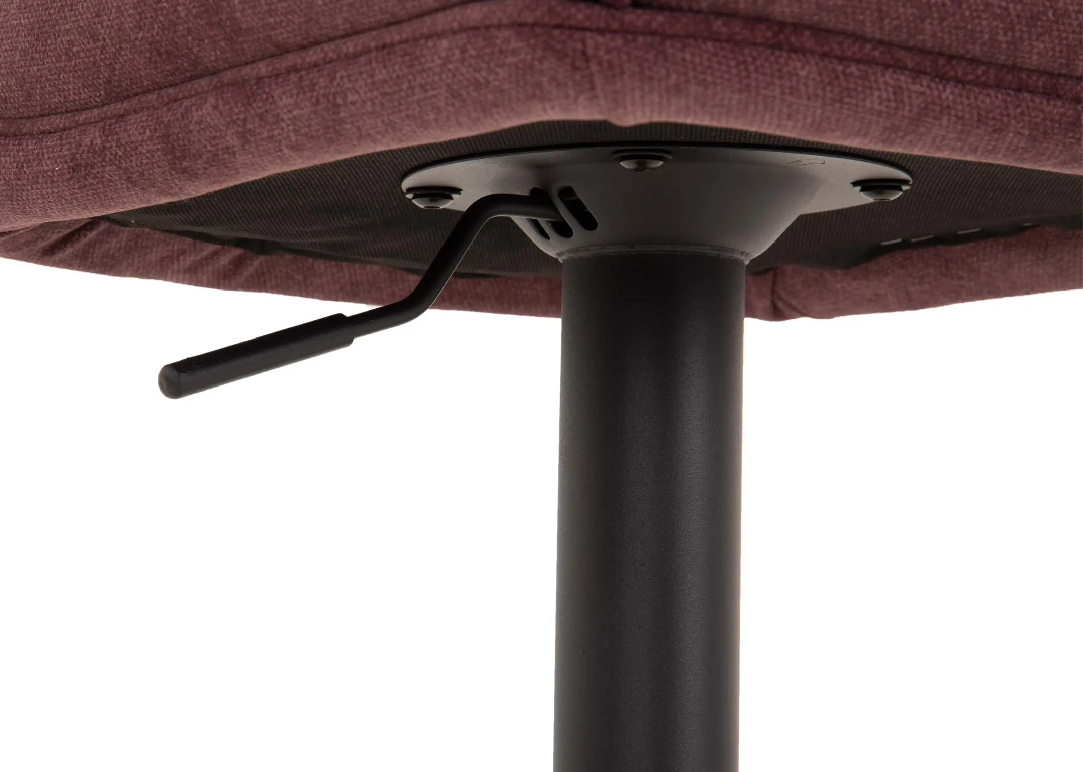 A dark purple fabric swivel bar stool from EZ Livings Maple range. Closeup of fabric detail and metal lever cntrol under seat.