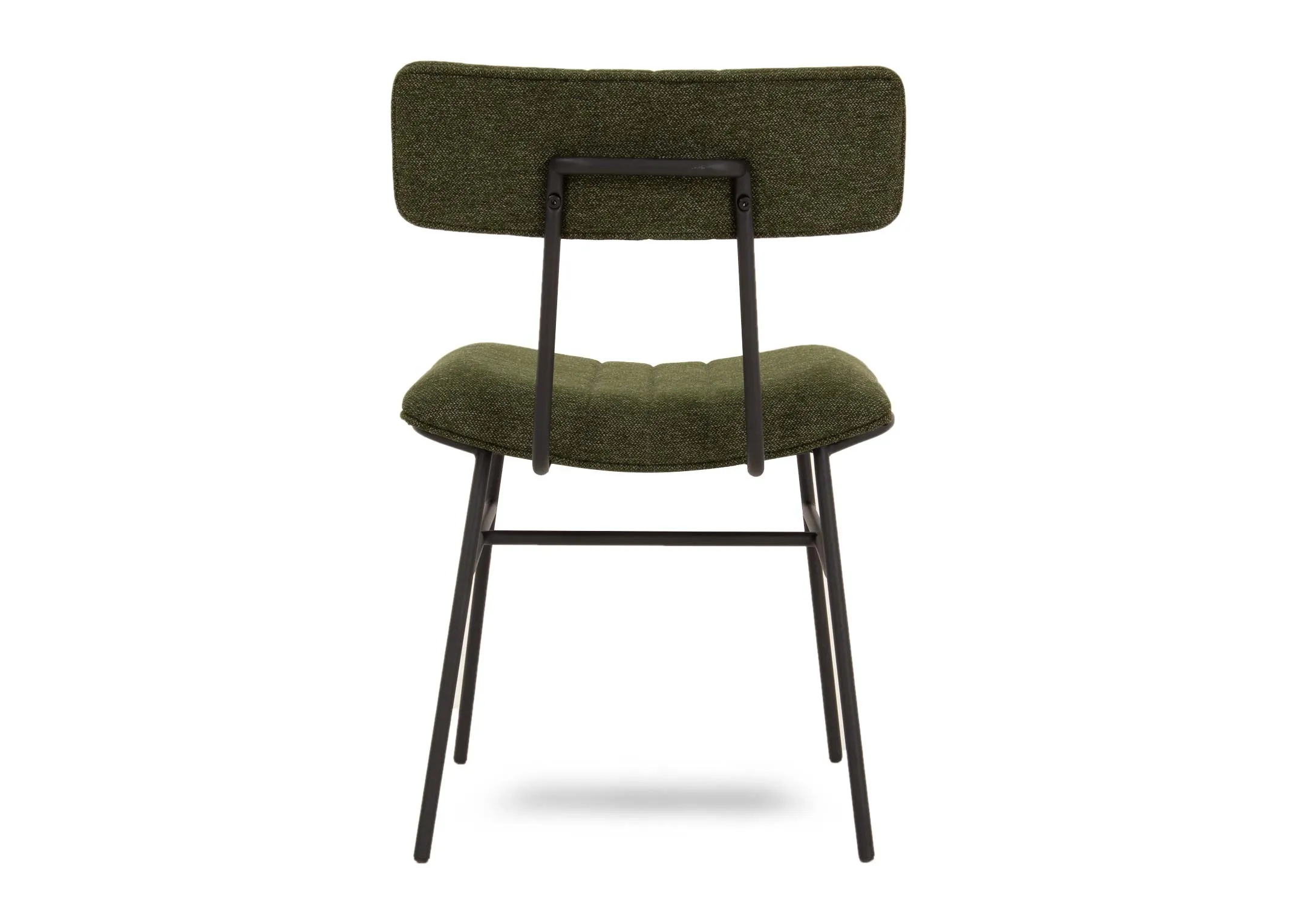 A metal frame dining chair with green fabric seat and slim back from EZ Livings Decker range. Back view of frame