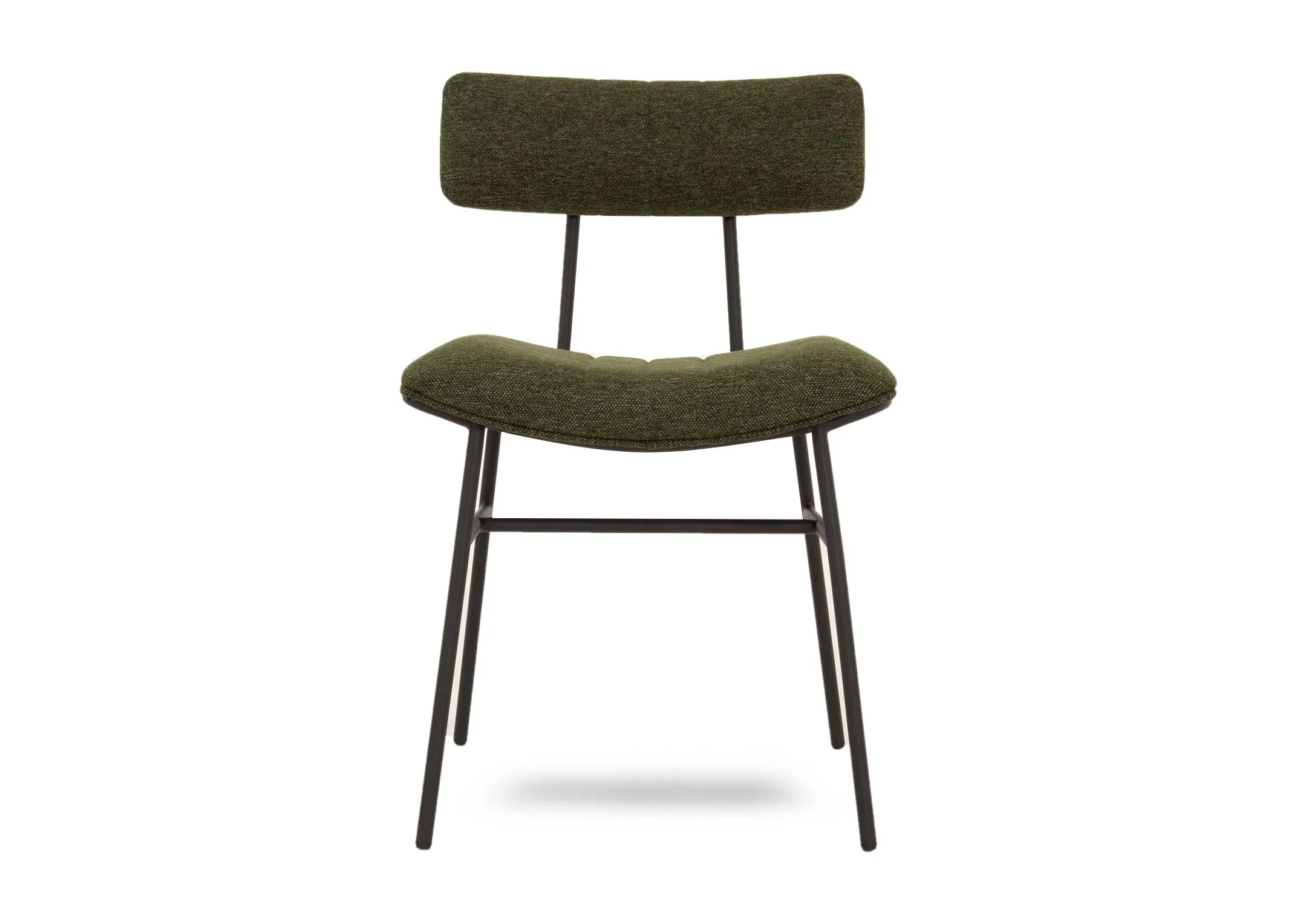 A metal frame dining chair with green fabric seat and slim back from EZ Livings Decker range. Front view of metal legs