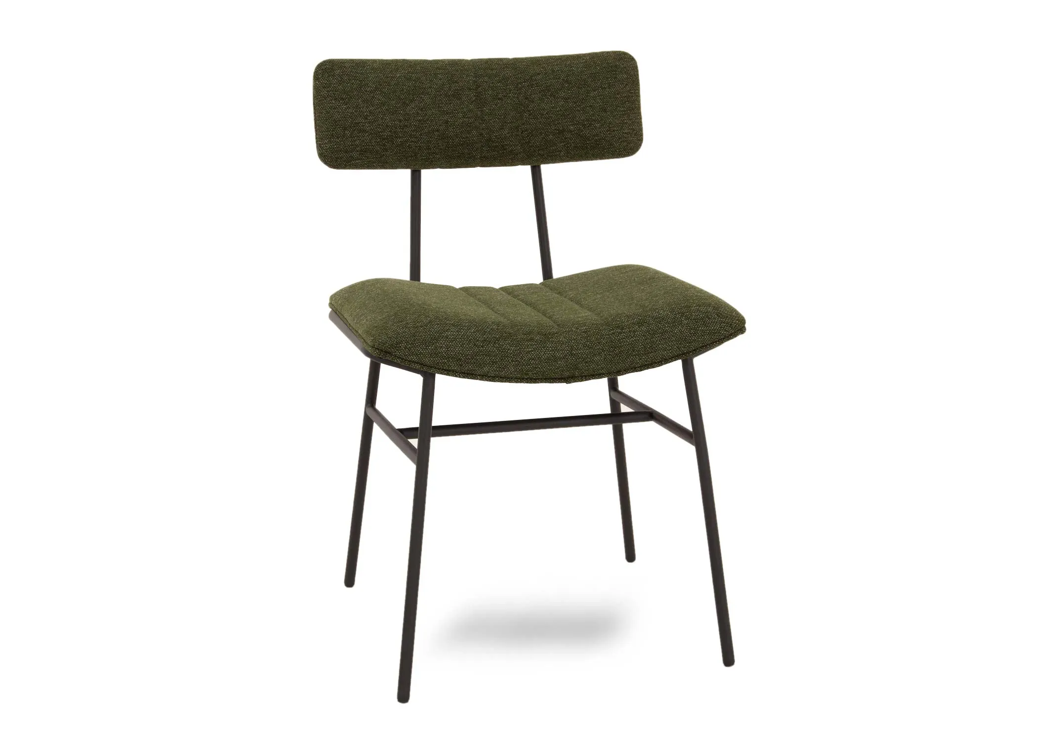 A metal frame dining chair with green fabric seat and slim back from EZ Livings Decker range. Angled view of curved seat with seam detail.