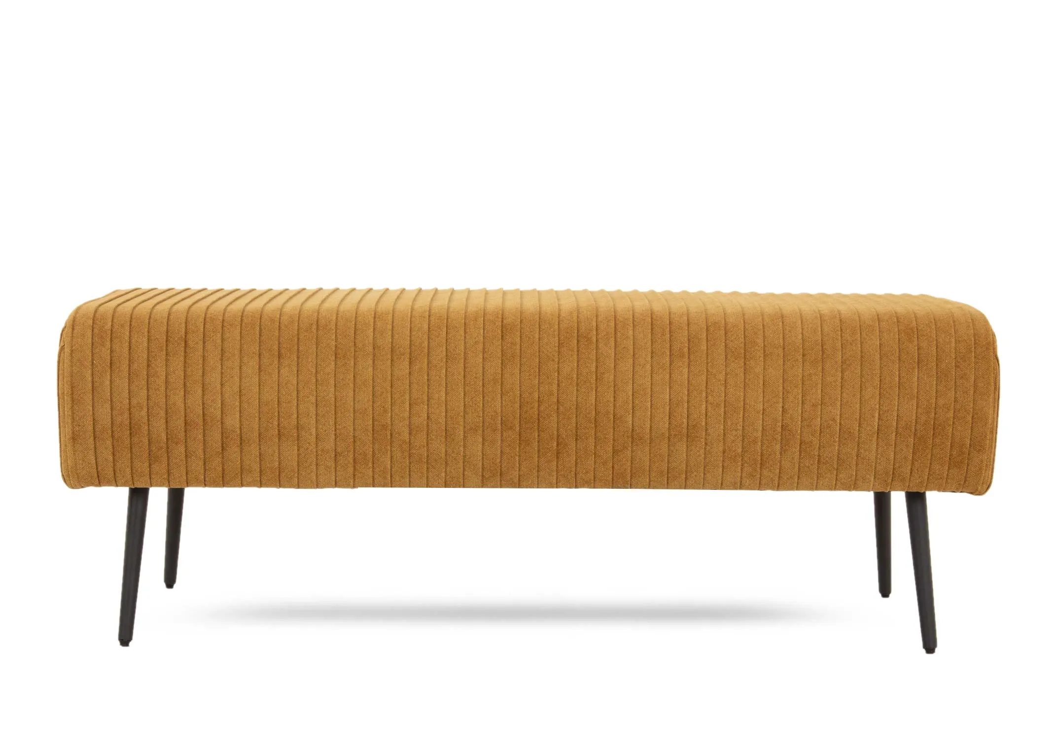 A mustard yellow fabric bench from EZ Livings Marco range. Front view of the metal legs