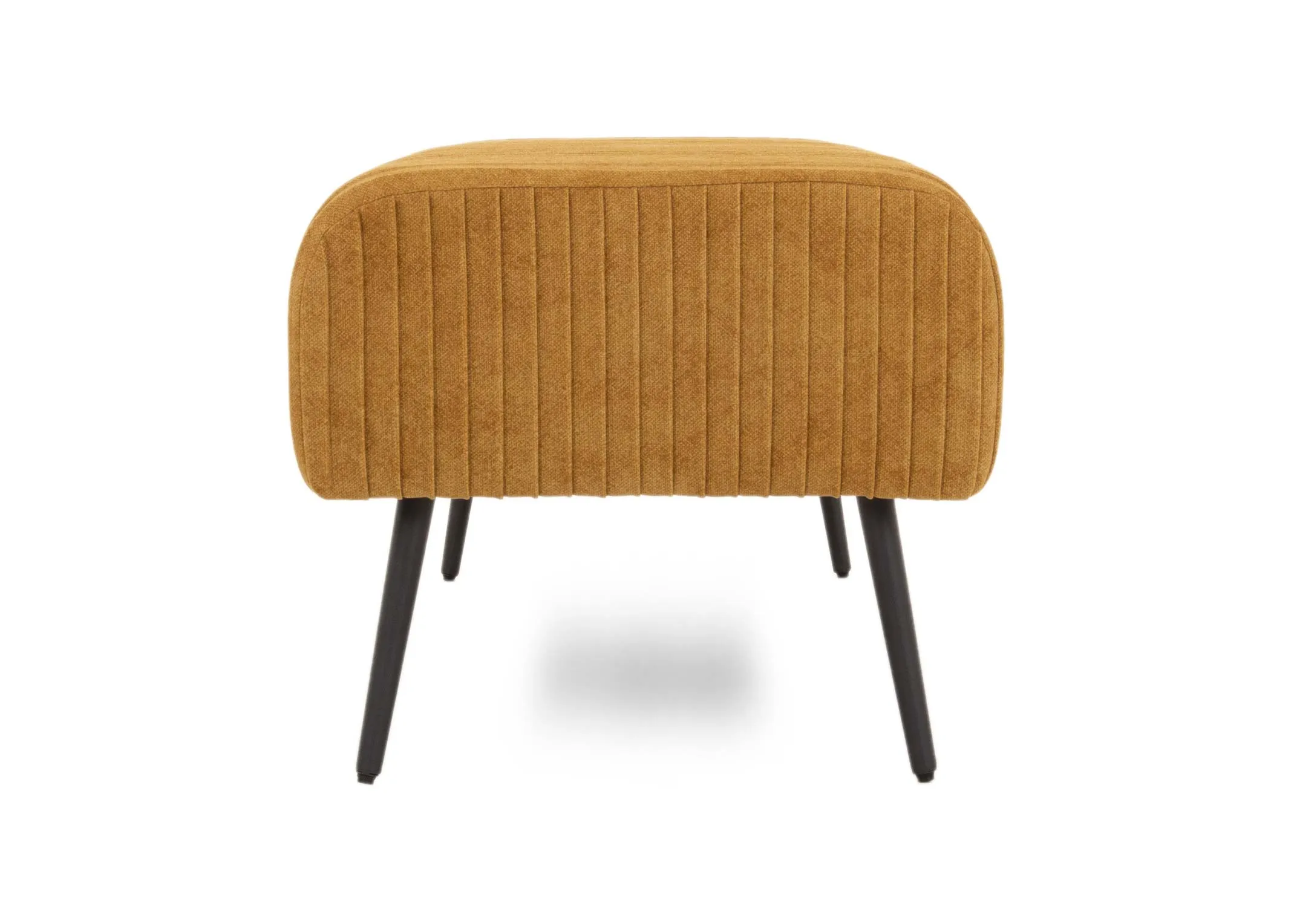 A mustard yellow fabric bench from EZ Livings Marco range. Side view of ribbed detail and arched finish of seat