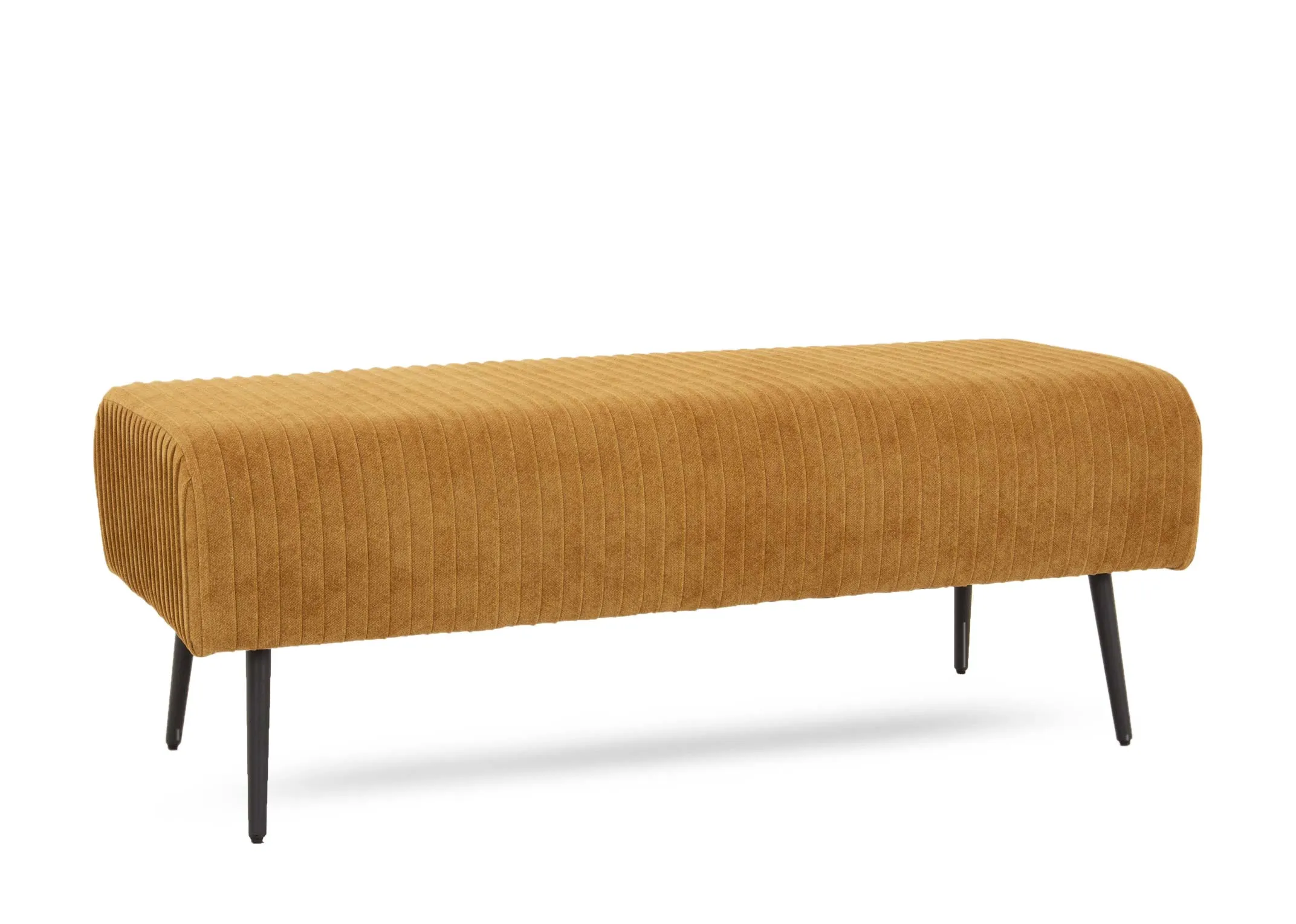 A mustard yellow fabric bench from EZ Livings Marco range. Angled view of metal tapered feet