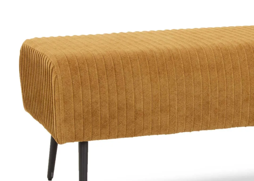 A mustard yellow fabric bench from EZ Livings Marco range. Closeup of textured ribbed fabric