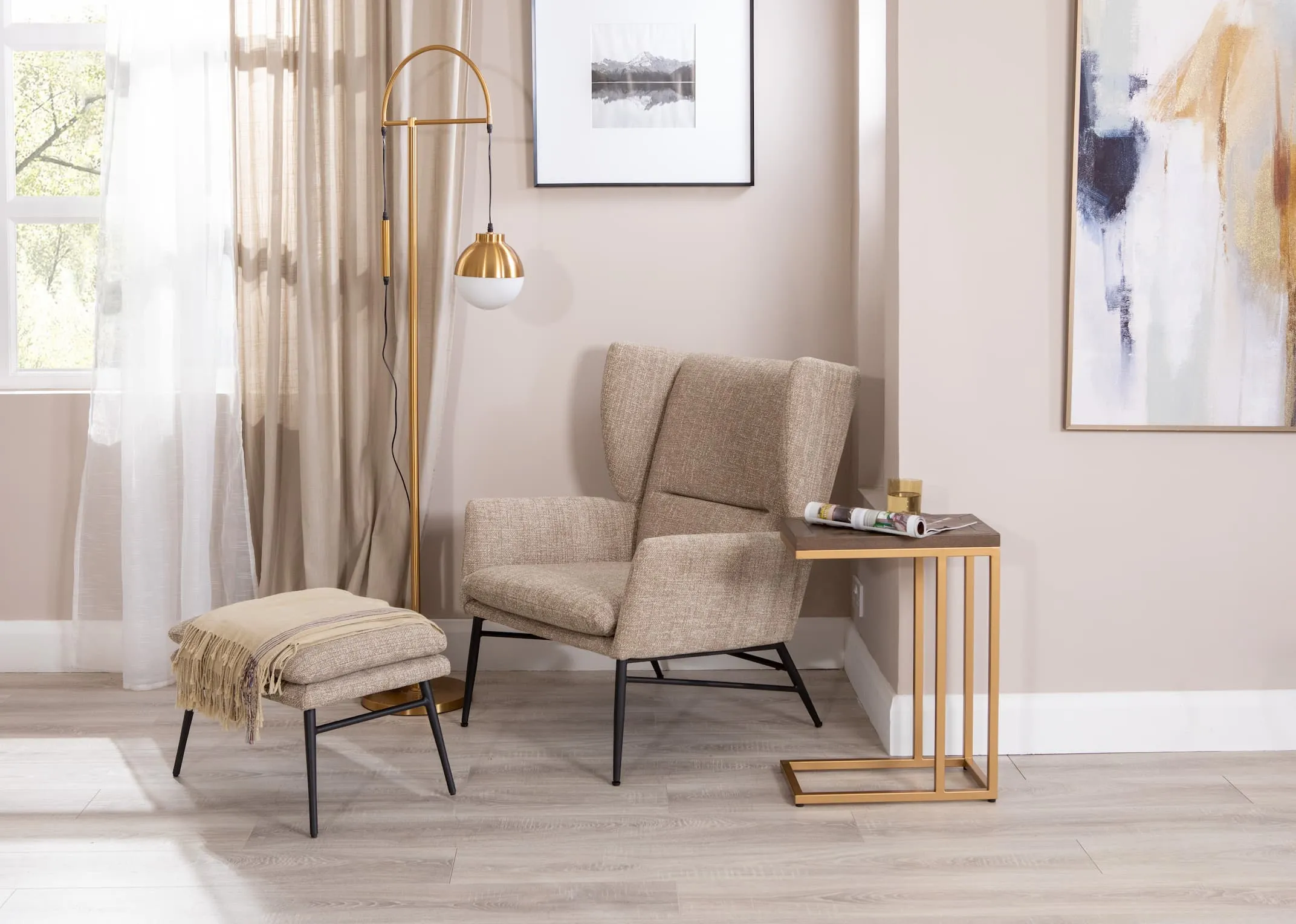 Beige Accent Armchair & Footstool Set - Boston