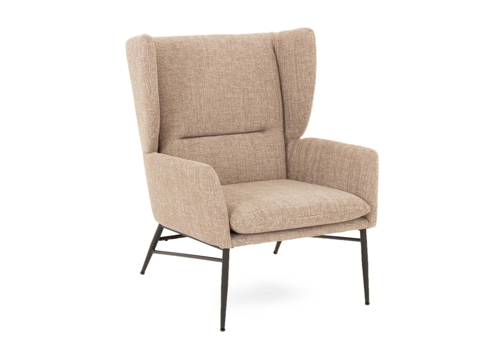 A beige fabric wing chair & footstool set from EZ Livings Boston range. Angled view of armchair with black metal legs