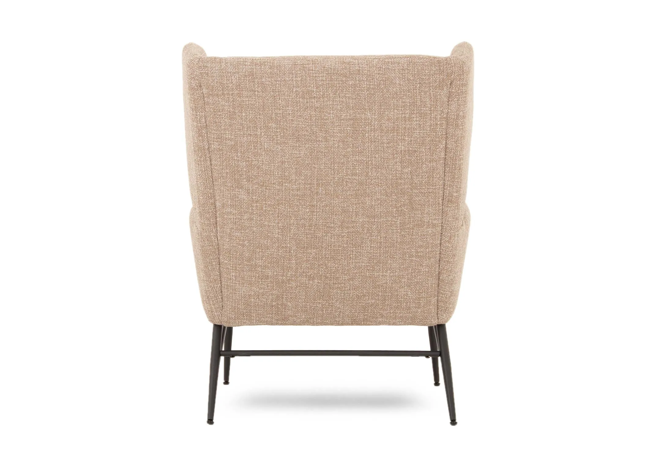 A beige fabric wing chair & footstool set from EZ Livings Boston range. Back view of long back of chair