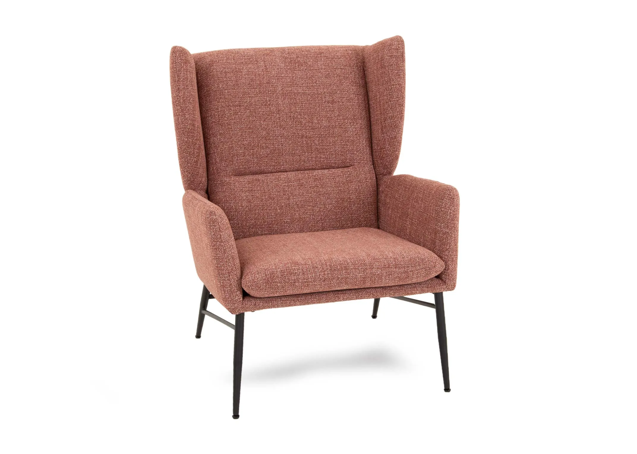A dark pink fabric wing chair & footstool set from EZ Livings Boston range. Angled view