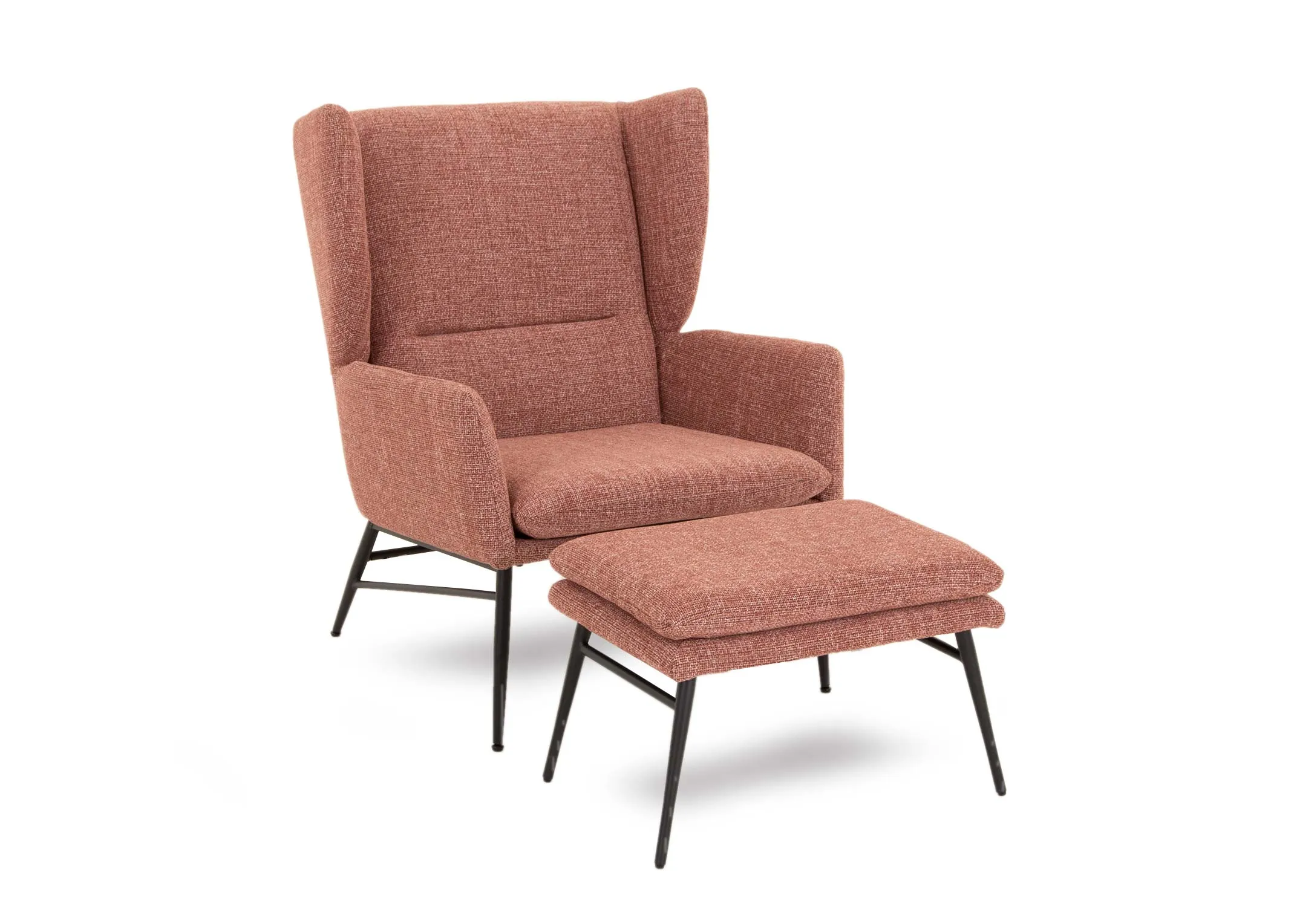A dark pink fabric wing chair & footstool set from EZ Livings Boston range. Angled view of black metal frame and legs