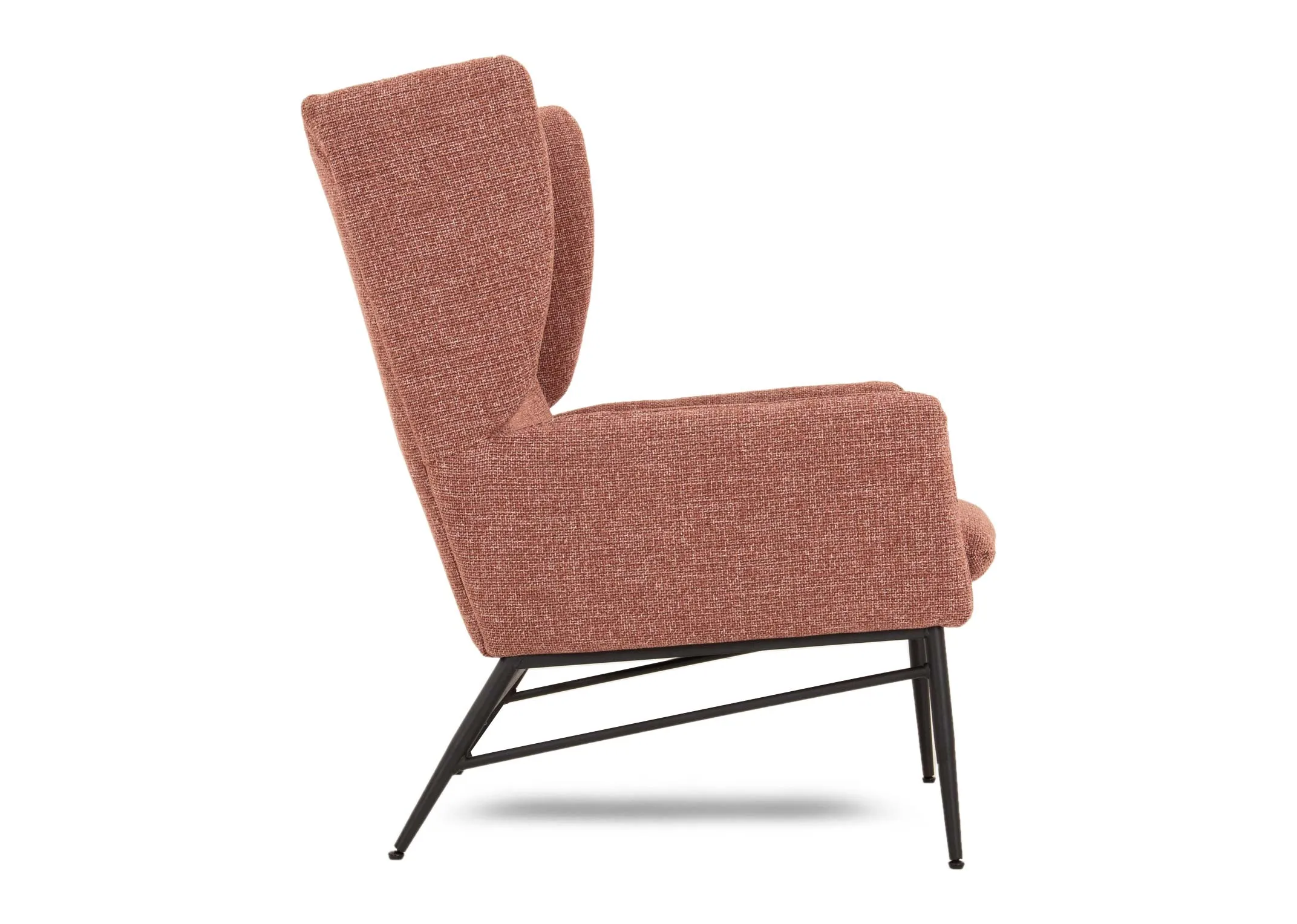 A dark pink fabric wing chair & footstool set from EZ Livings Boston range.  Side view of winged seat back