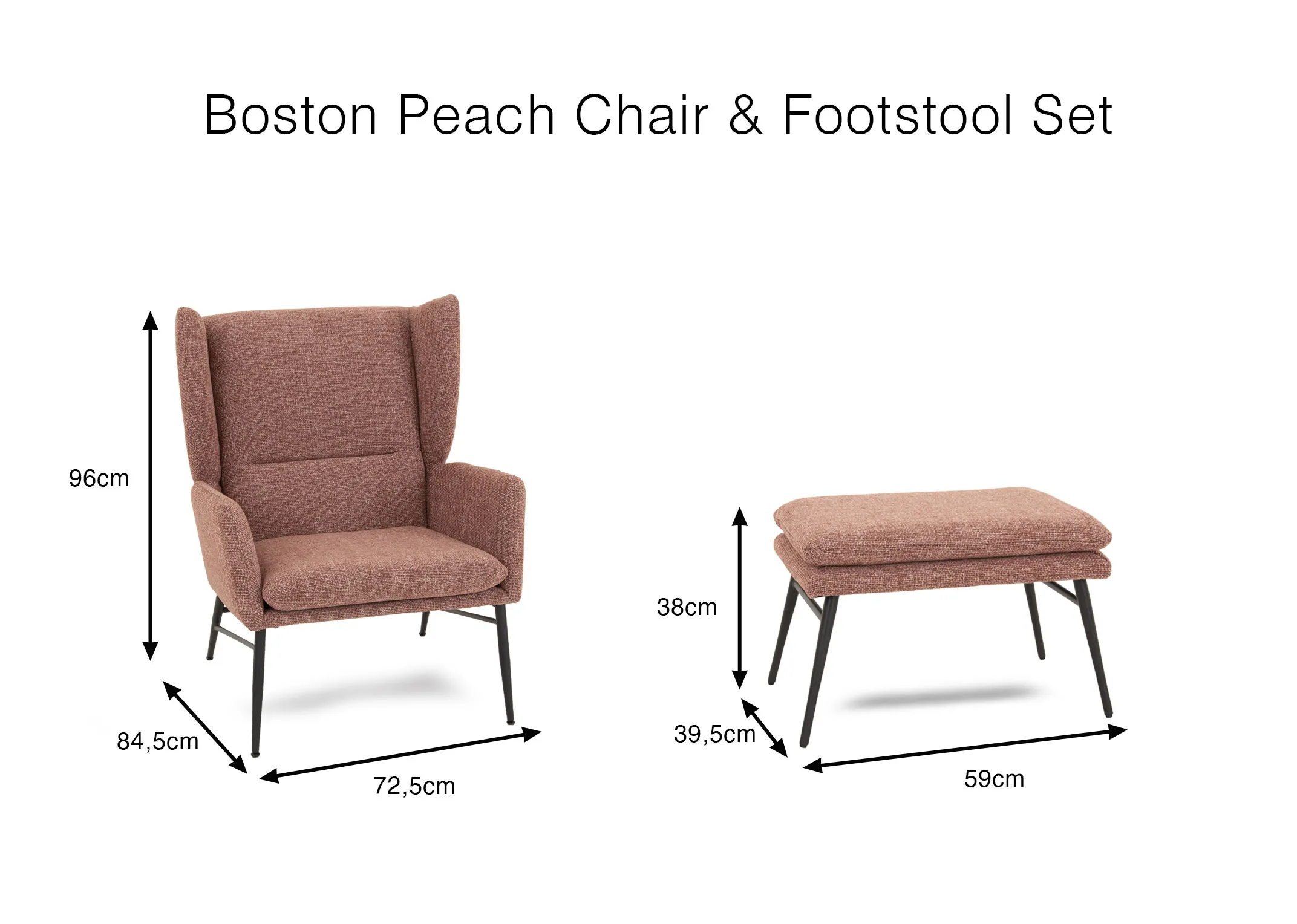 A dimension image of the Boston Chair 72.5cm x 84.5cm x 96cm & Footstool 69cm x 39cm x 39.5cm