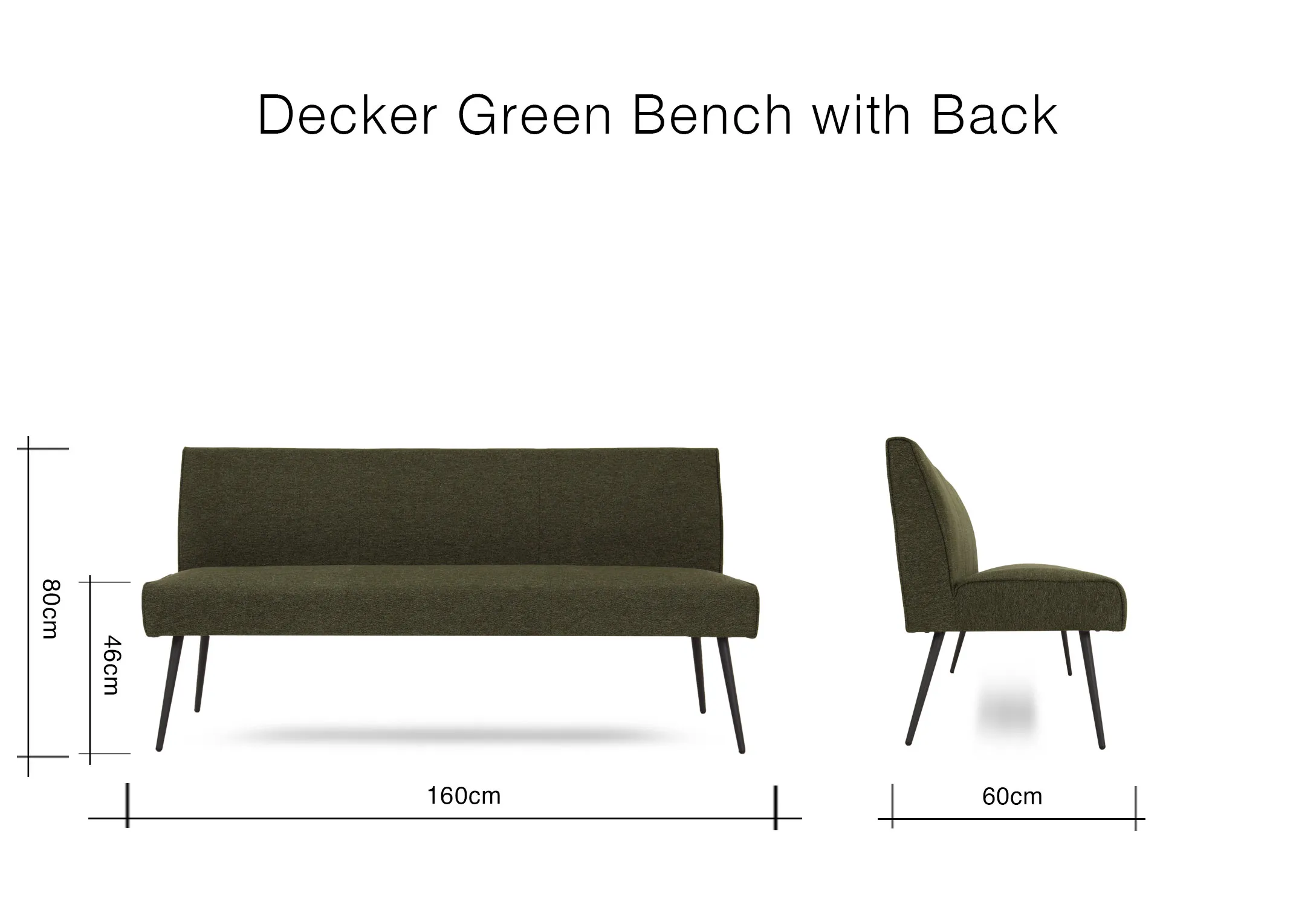 A dimension image of the Decker Green bench with 160cm x 60cm x 80cm x 42cm
