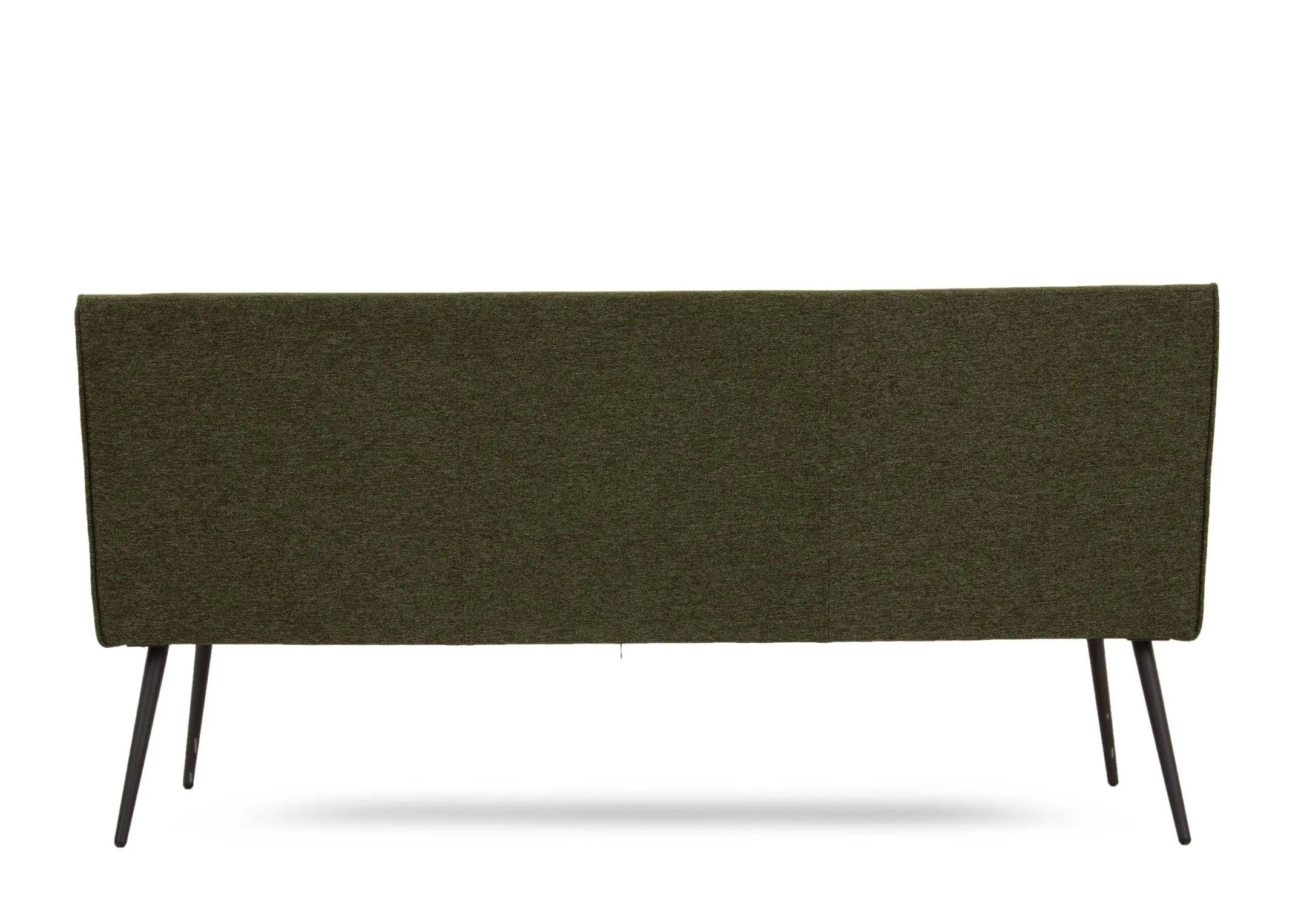 A green fabric dining bench from EZ Living Furnitures Decker range. Back view of rectangular seat back with metal legs