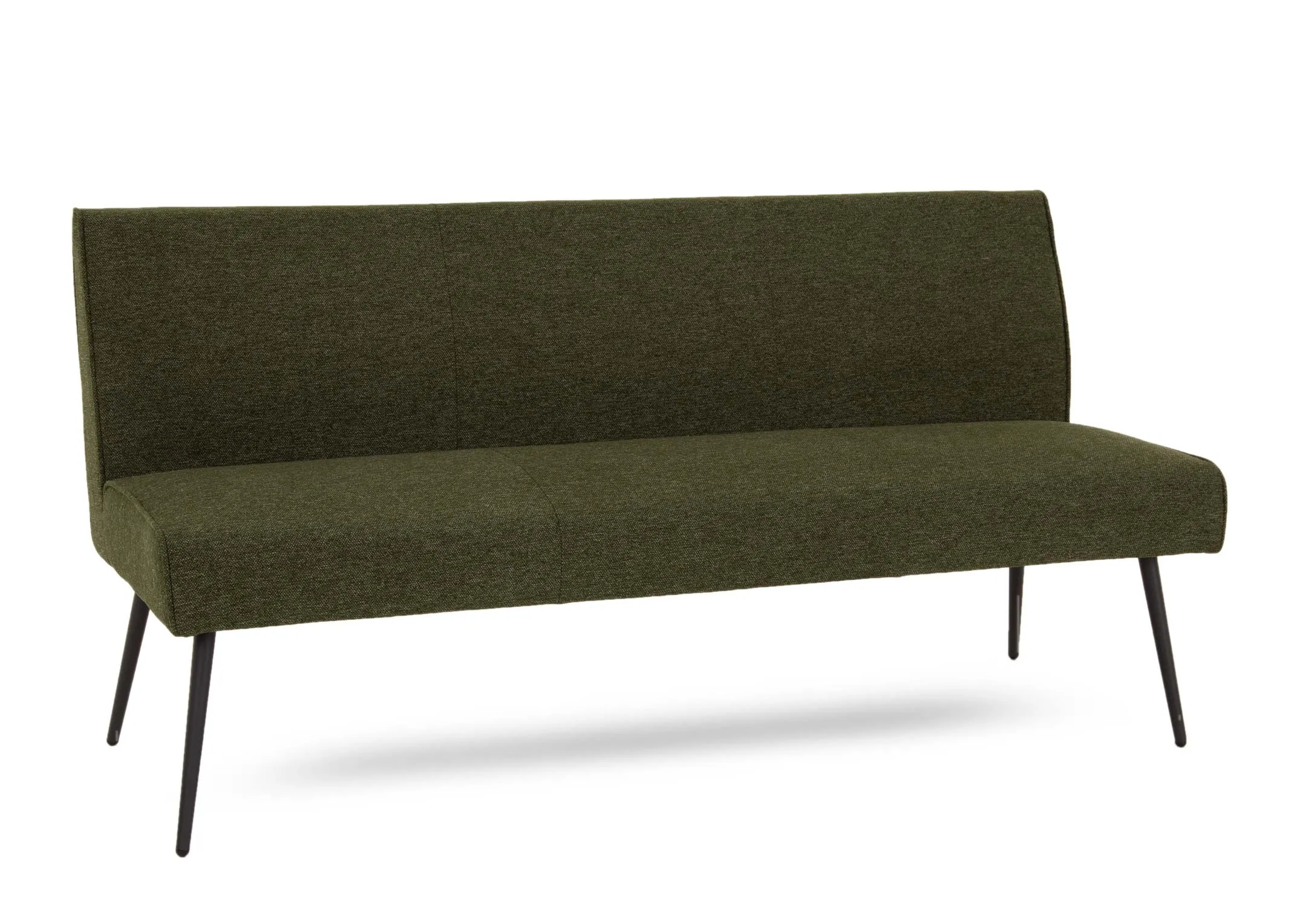 A green fabric dining bench from EZ Living Furnitures Decker range. Angled view of metal legs
