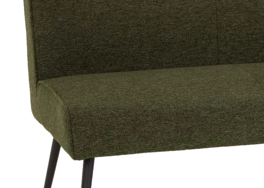 A green fabric dining bench from EZ Living Furnitures Decker range. Closeup of padded seat 