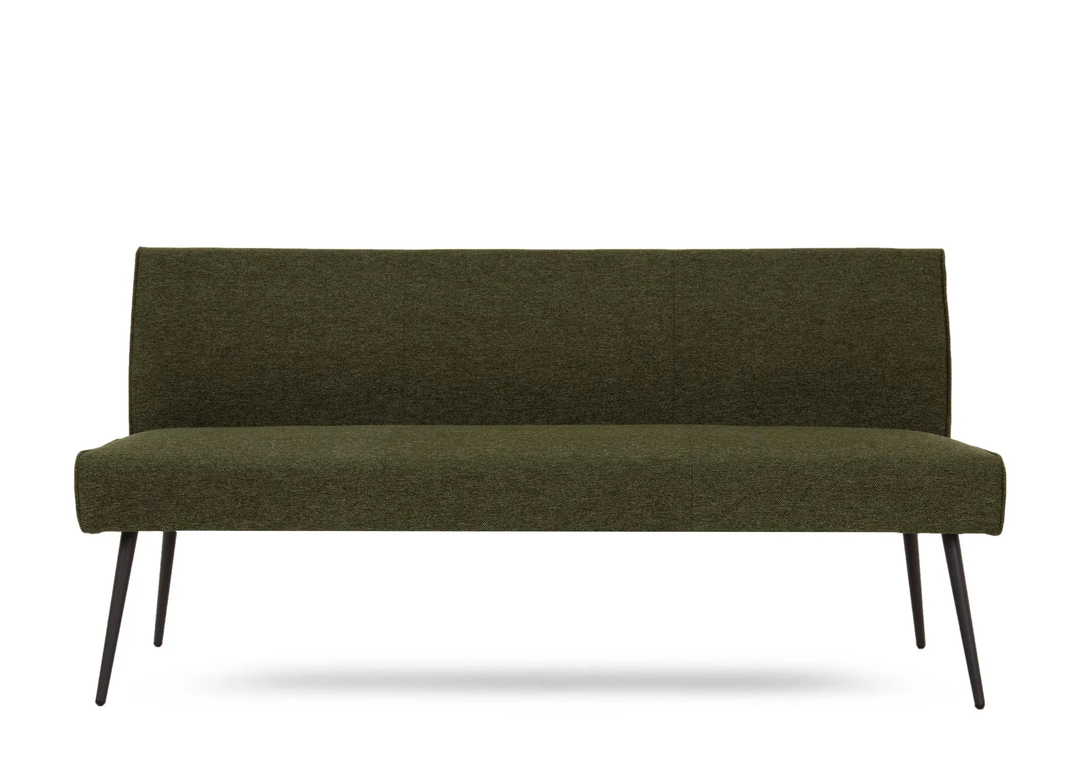 A green fabric dining bench from EZ Living Furnitures Decker range. Front view of thick padded seat and soft grey fabric