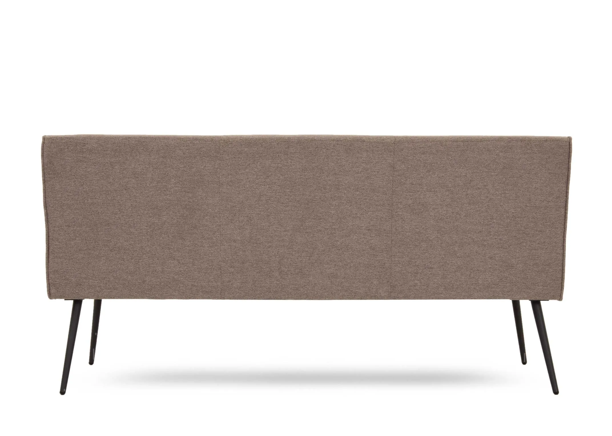 A grey fabric dining bench from EZ Living Furnitures Decker range. Back view of rectangular seat back with metal legs