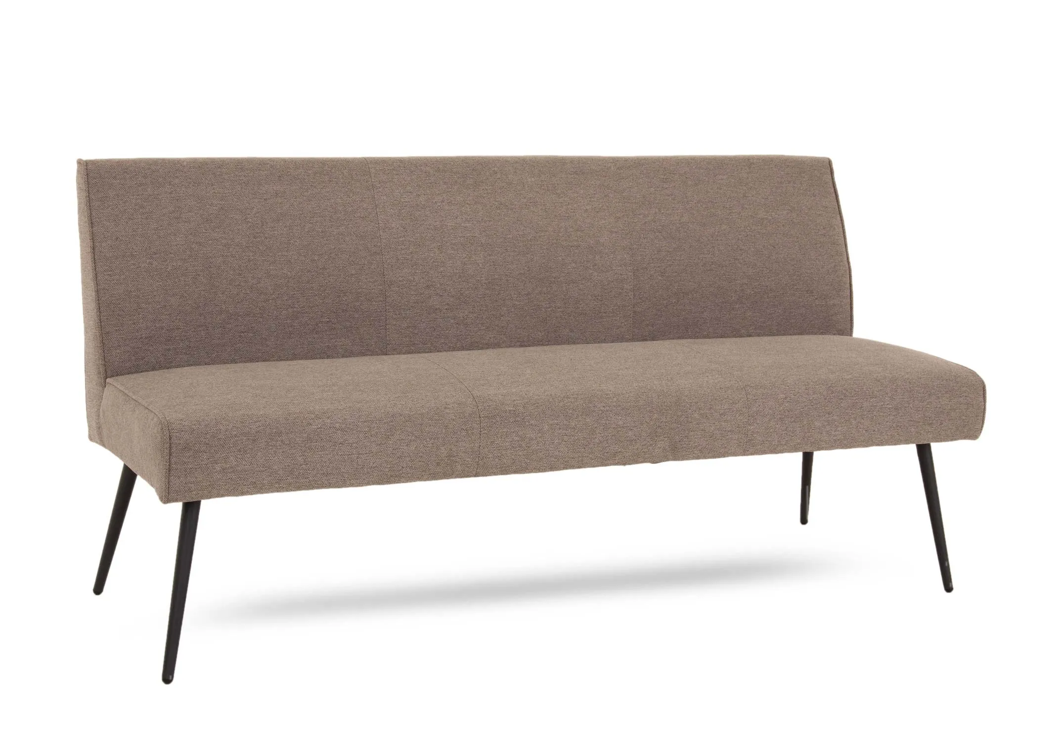 A grey fabric dining bench from EZ Living Furnitures Decker range. Angled view of metal legs