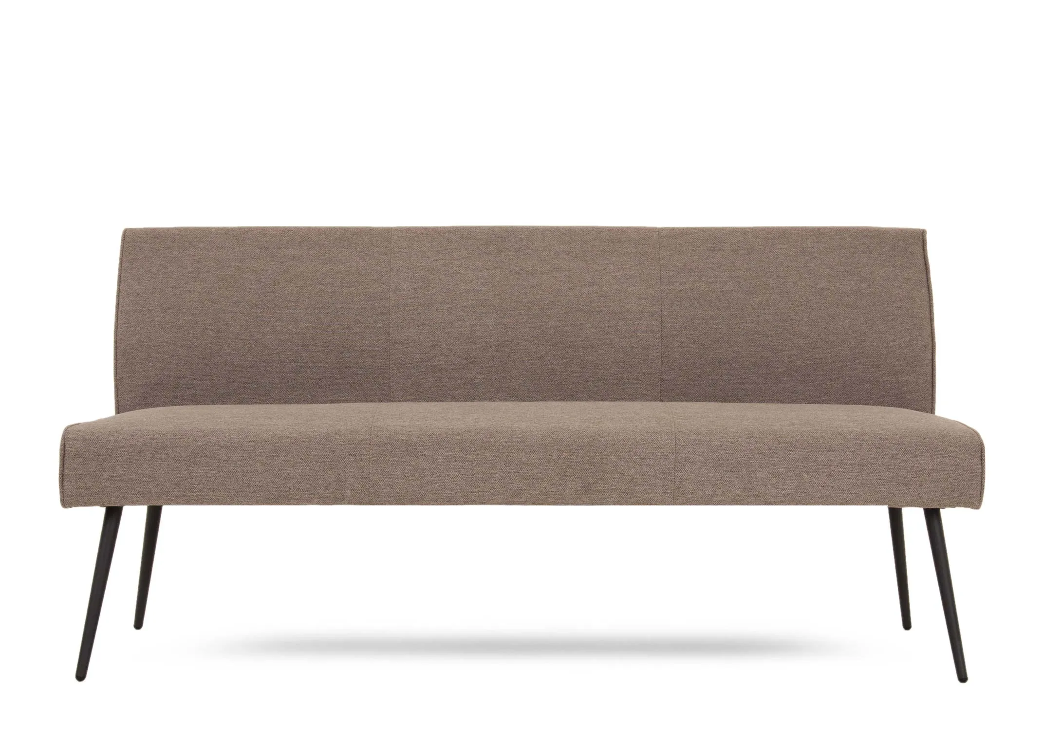 A grey fabric dining bench from EZ Living Furnitures Decker range. Front view of thick padded seat and soft grey fabric