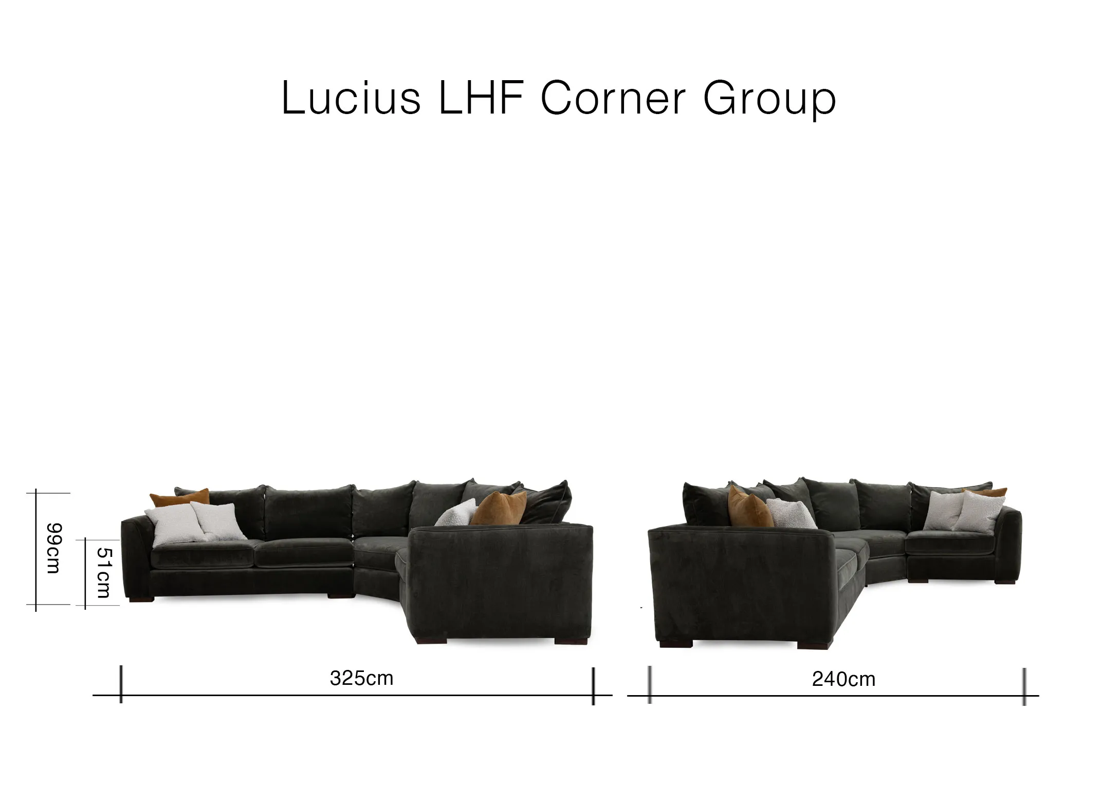 A dimension image of the Lucius LAF Corner sofa with 240cm x 325cm