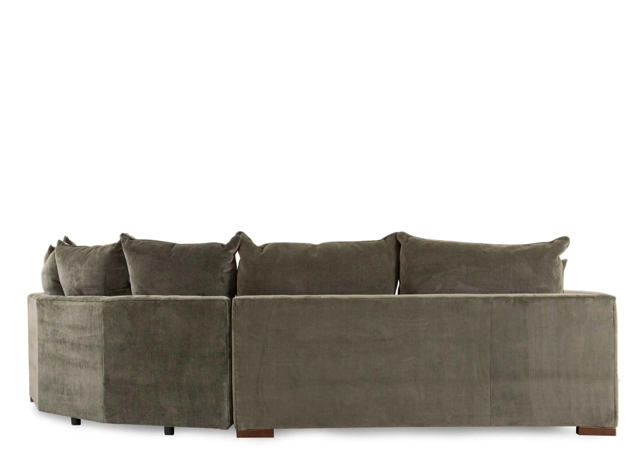 A khaki green fabric corner sofa from EZ Livings Lucius range. Back view of 2 parts to sofa with pillowback cushions