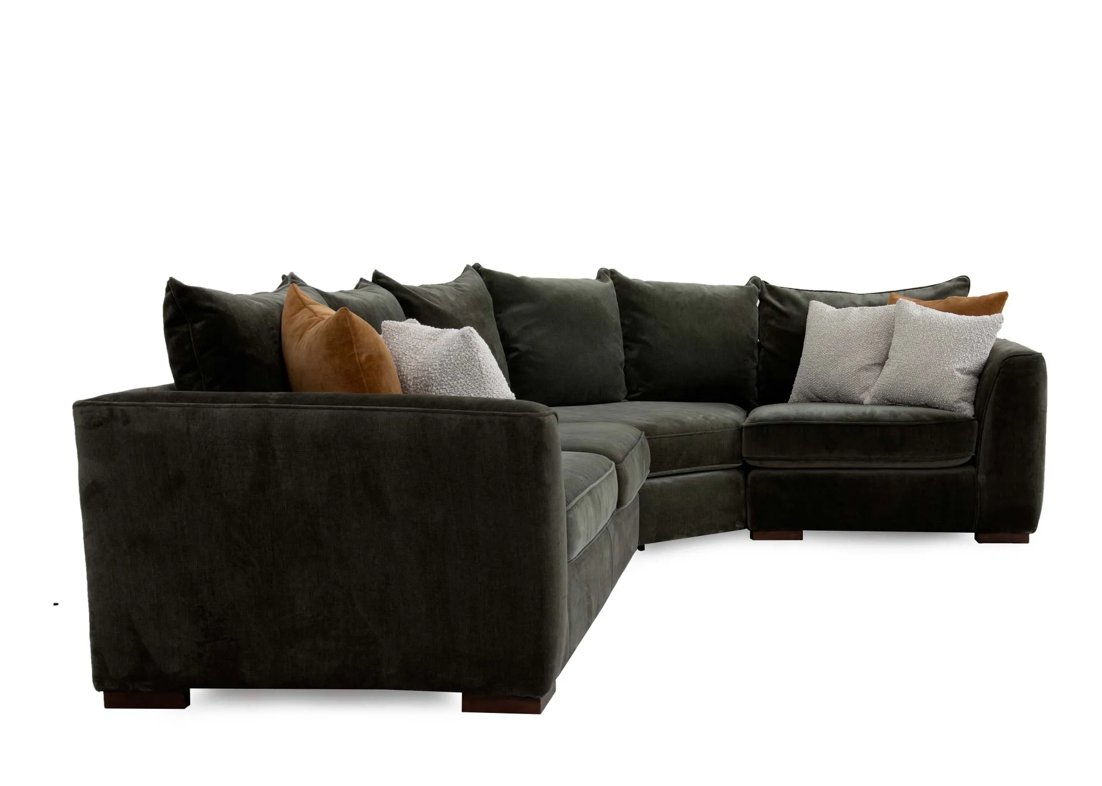 A khaki green fabric corner sofa from EZ Livings Lucius range. Side view