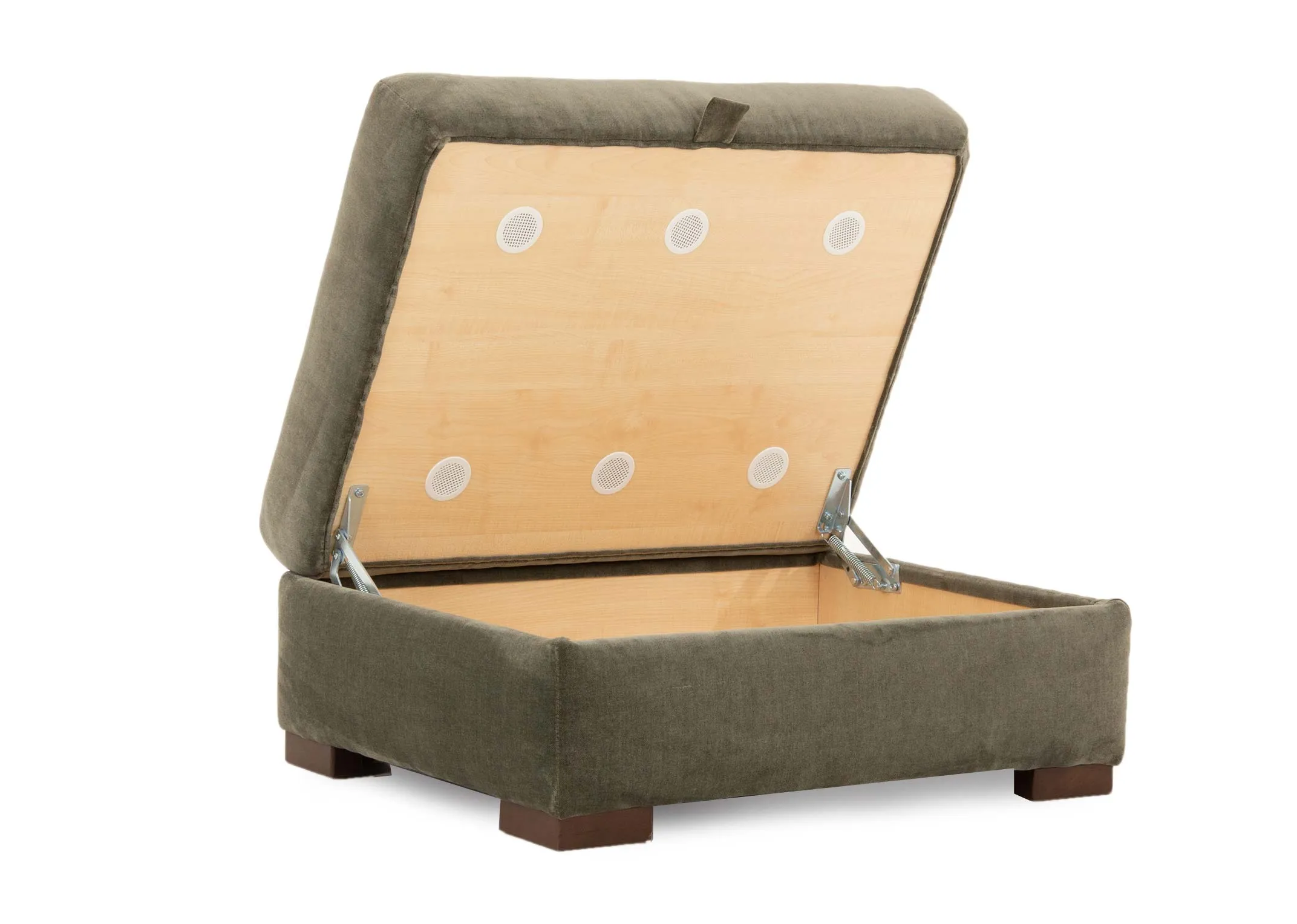 A light green fabric storage footstool from EZ Livings Lucius range. Angled view of open stool showing storage