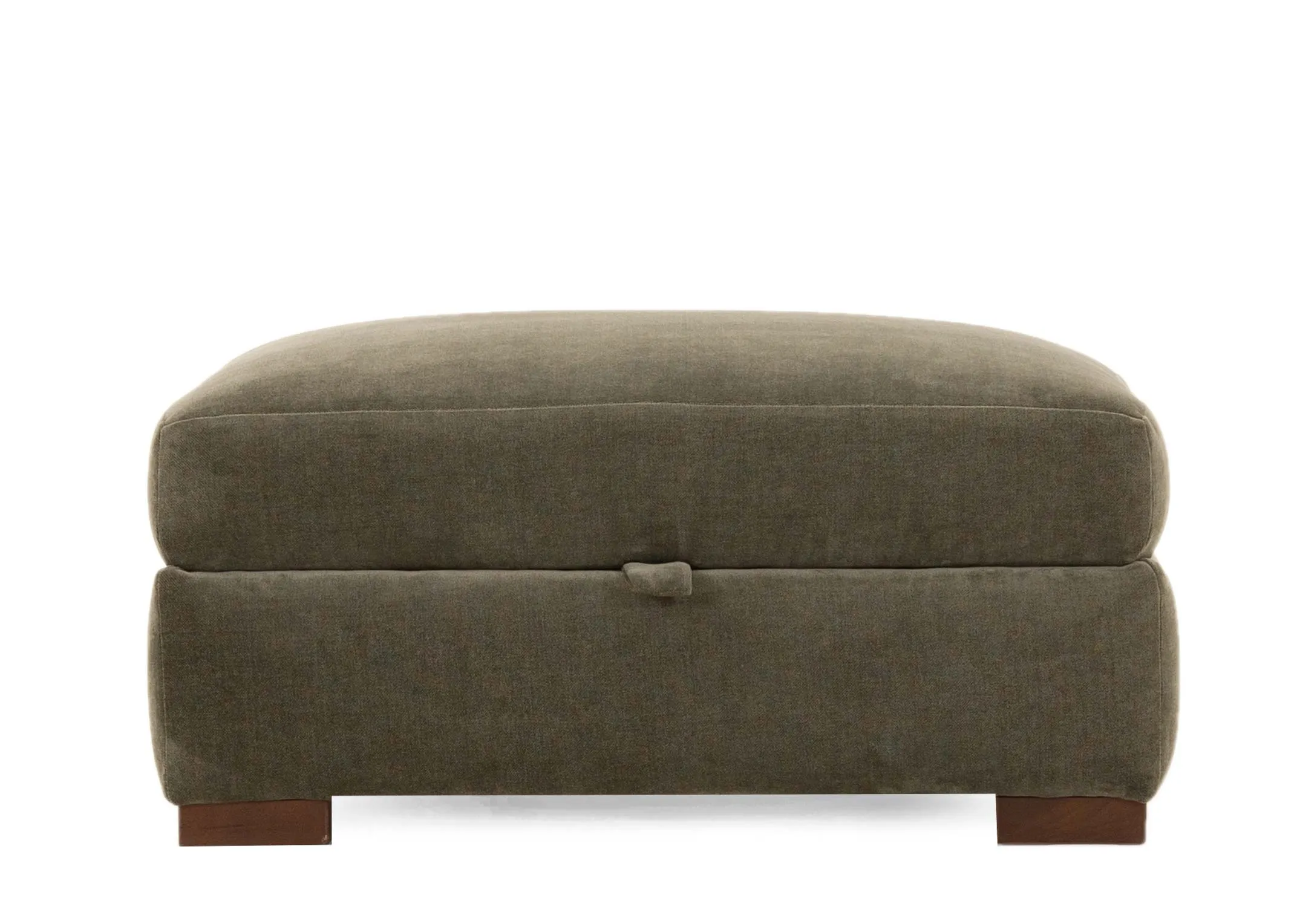 A light green fabric storage footstool from EZ Livings Lucius range. Front view of stool with tage to open