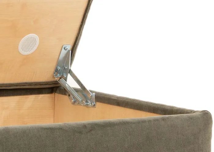 A light green fabric storage footstool from EZ Livings Lucius range. Closeup of hinge