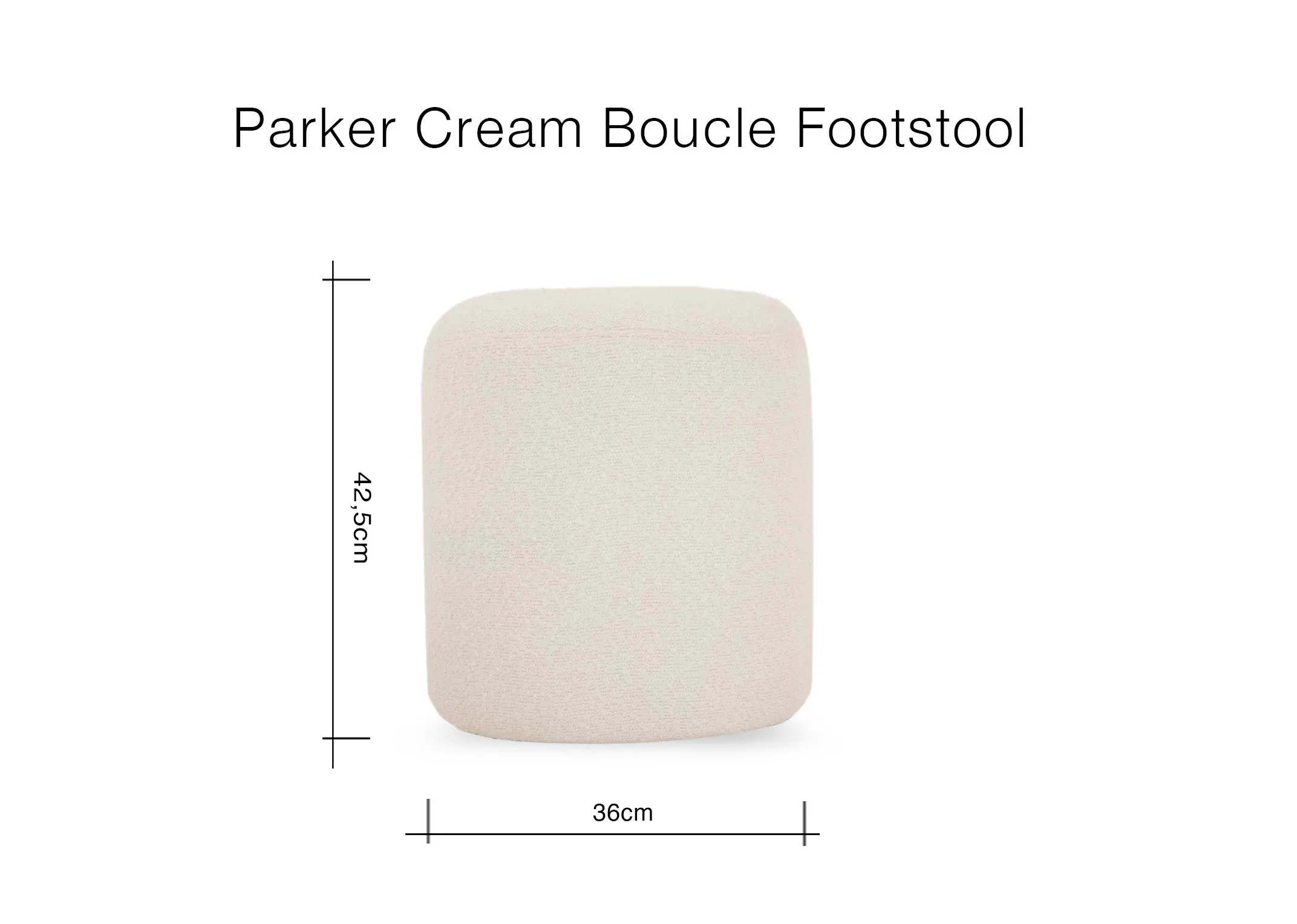 A dimension image of the Parker Boucle footstool with 36cm x 42.5cm