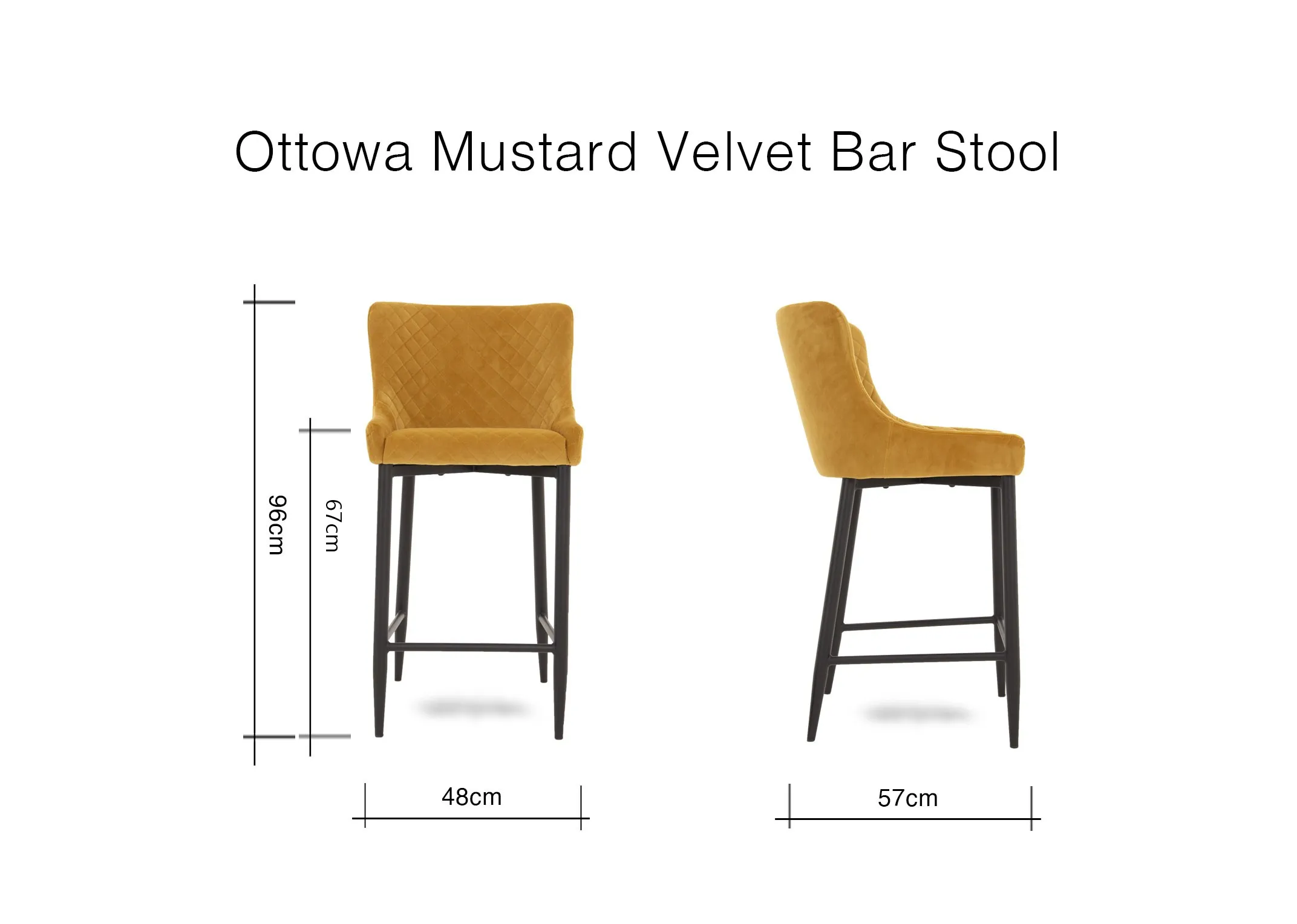 A dimension image of the Ottowa Mustard Counter Bar stool with 48cm (Width) x 96cm (Height) x 57cm (Depth)