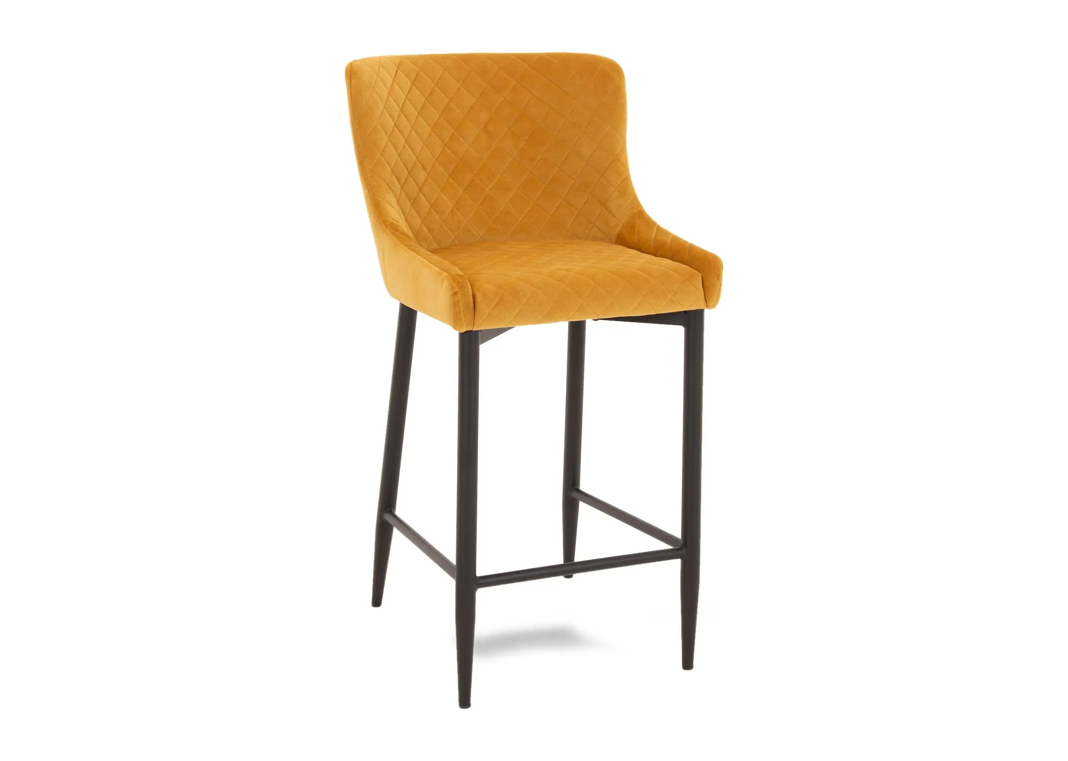 A mustard velvet counter stool from EZ Livings Ottowa range. Angled view of diamond pattern on fabric