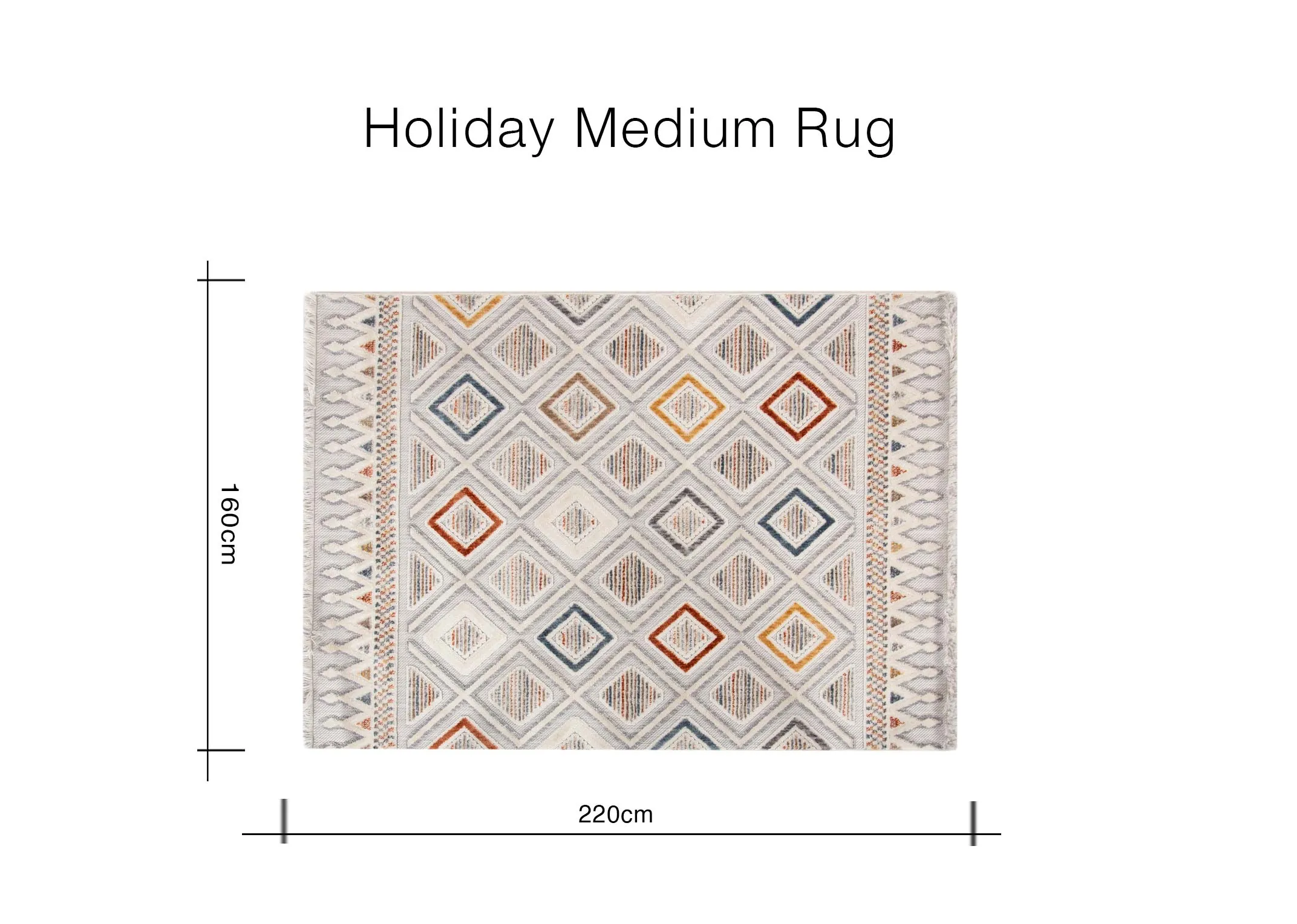 A dimension image of the Holiday Rug with 220cm x 160cm