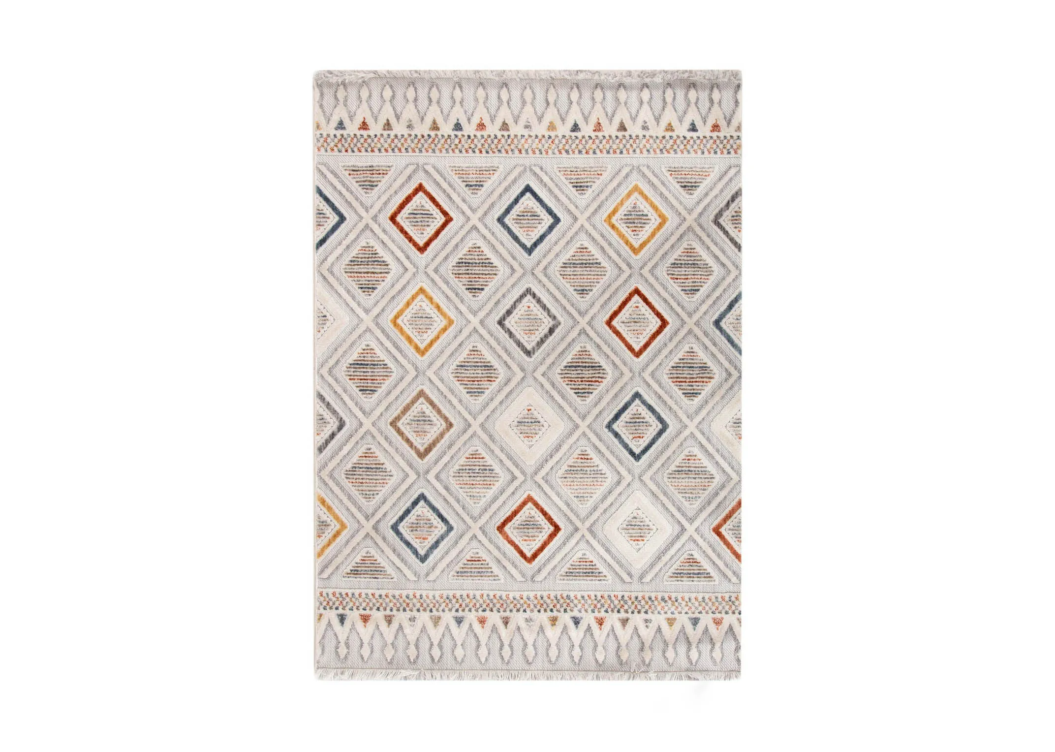 A white medium rug with red gold yellow and blue geometric design from EZ Livings Holiday range. 