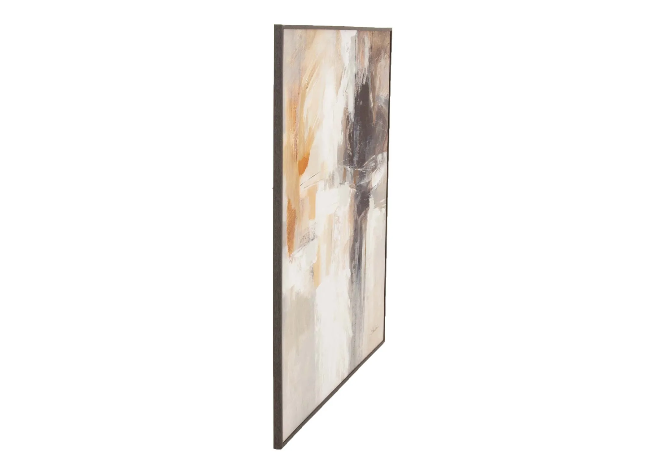 A gold framed canvas with blue and brown and white strokes of colors from EZ Livings Integrity range. Side view of dark frame