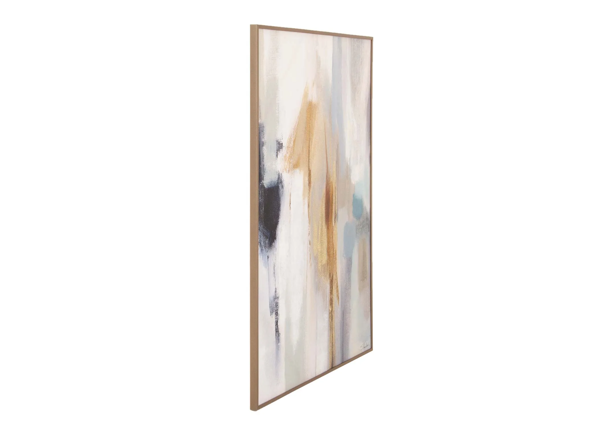 A gold framed canvas with blue and brown and white strokes of colors from EZ Livings Inspired range. Angled view of gold frame