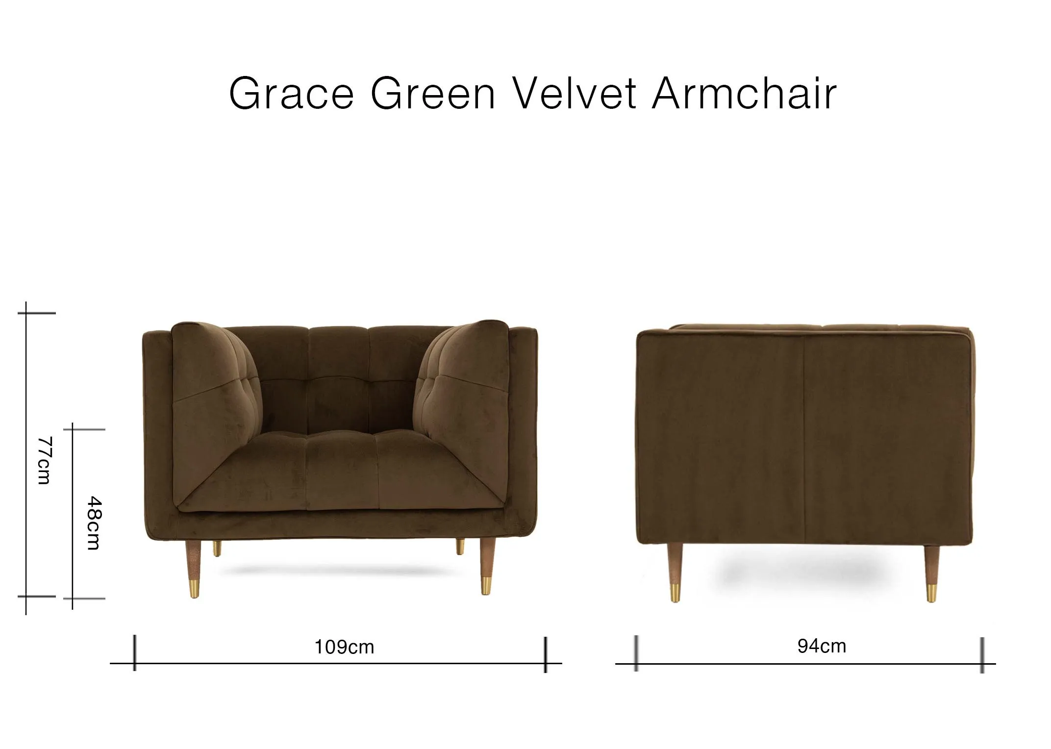A dimension image of the Grace Armchair with 109cm x 94cm x 77cm x 48cm