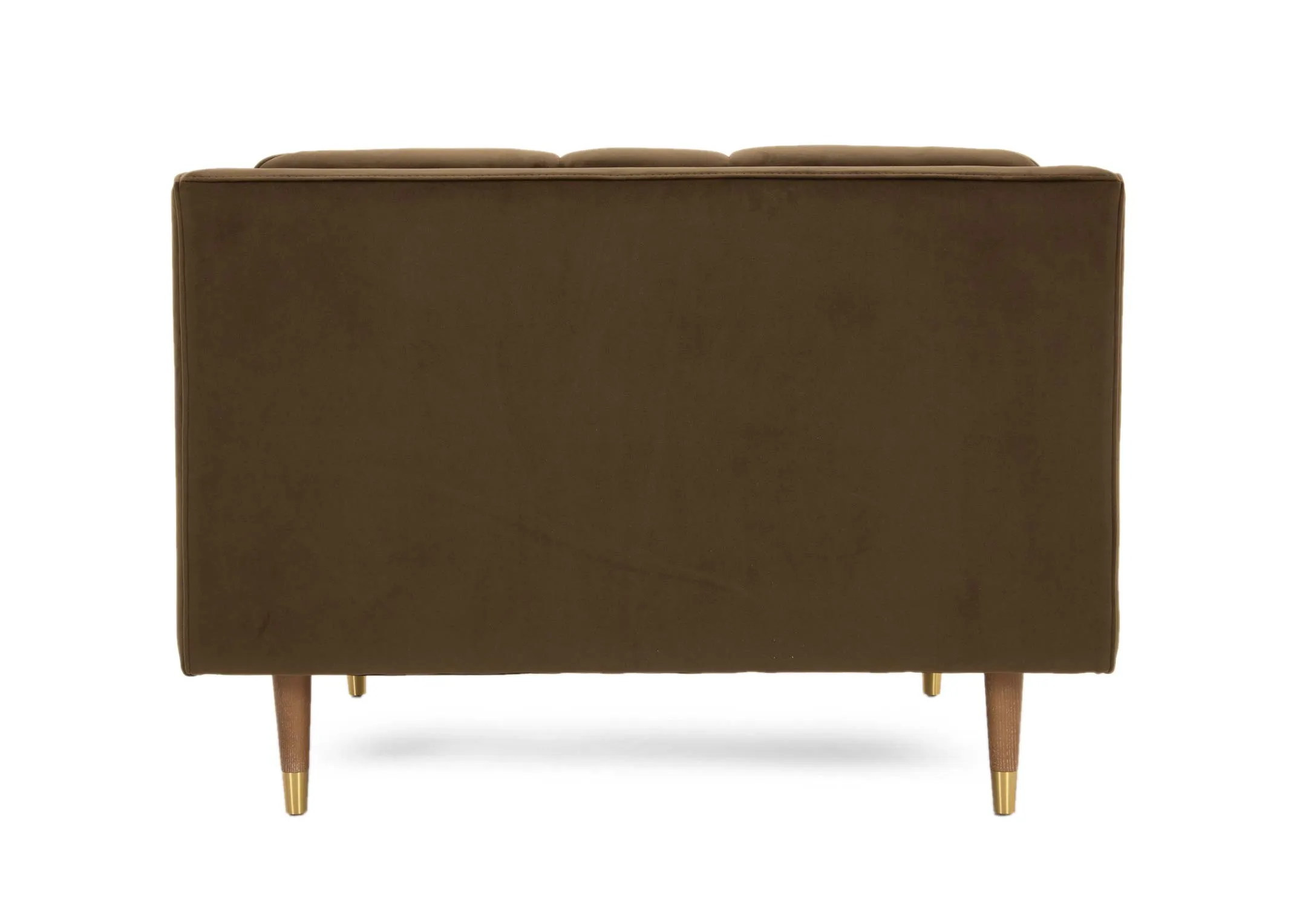 An olive green velvet armchair from EZ Livings Grace range. Back view of warrantied frame