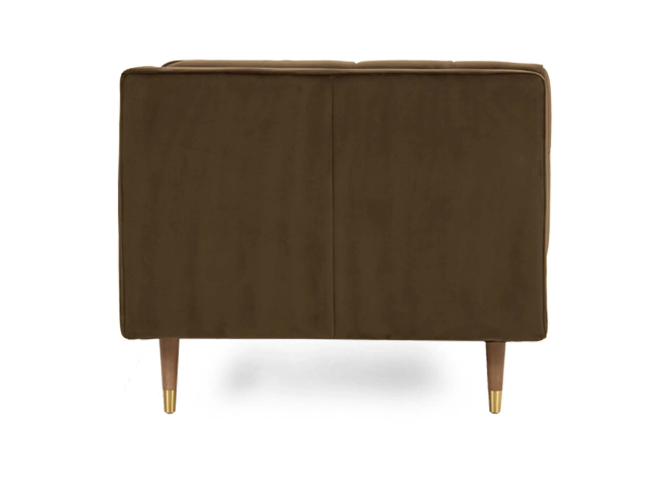 An olive green velvet armchair from EZ Livings Grace range. Side veiw of high box arms and oak feet with gold tip