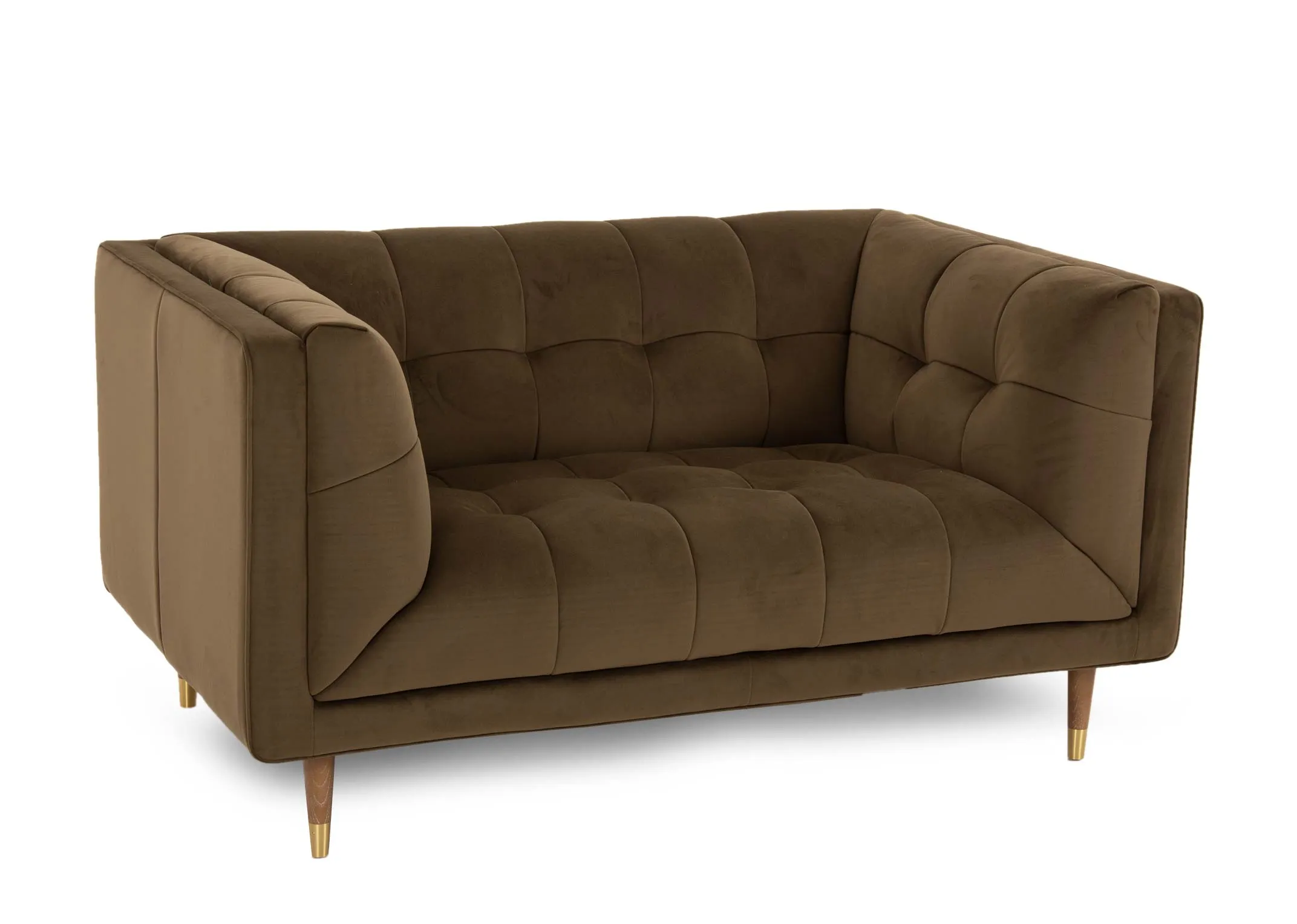 A 2 seater olive green velvet sofa from EZ Livings Grace range. Angled view of tufted button seat & back cushions