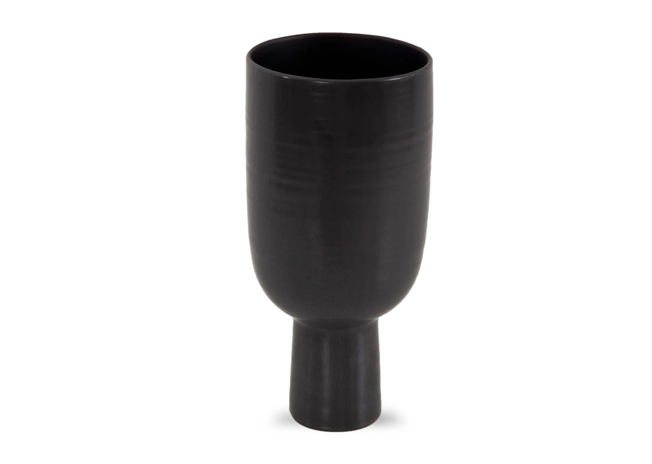 A slim matt black vase with long base from EZ Livings Shalwa range. Angled view of wide mouth.