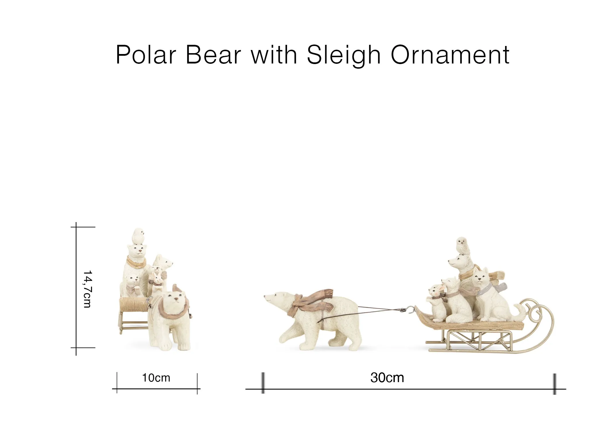 A lifestyle image of a tray on a coffee table with Polar bear with sled and a selection of gold trees & LED lamppost.