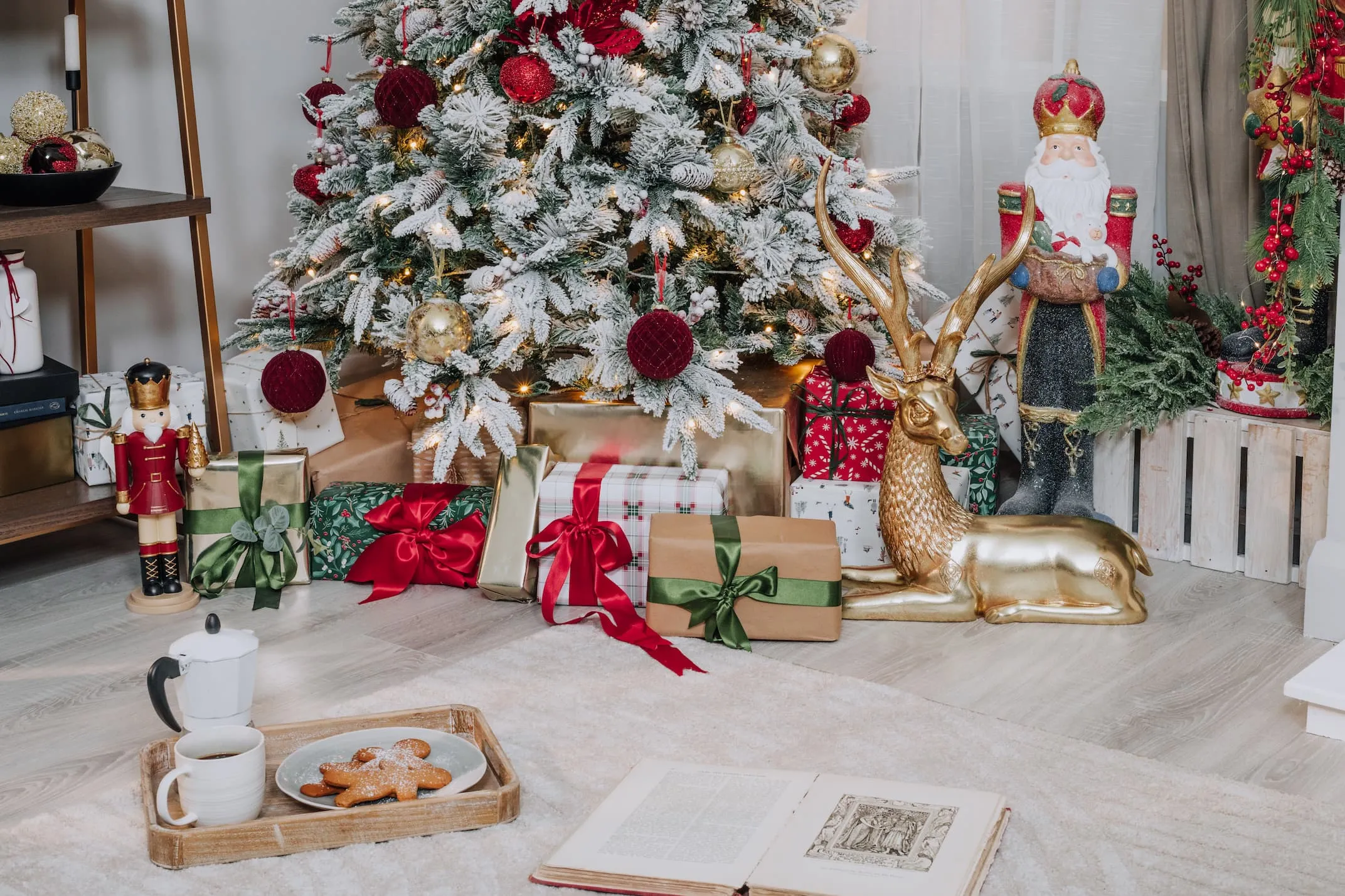 A Vermont snow christms tree with Standing nutcracker