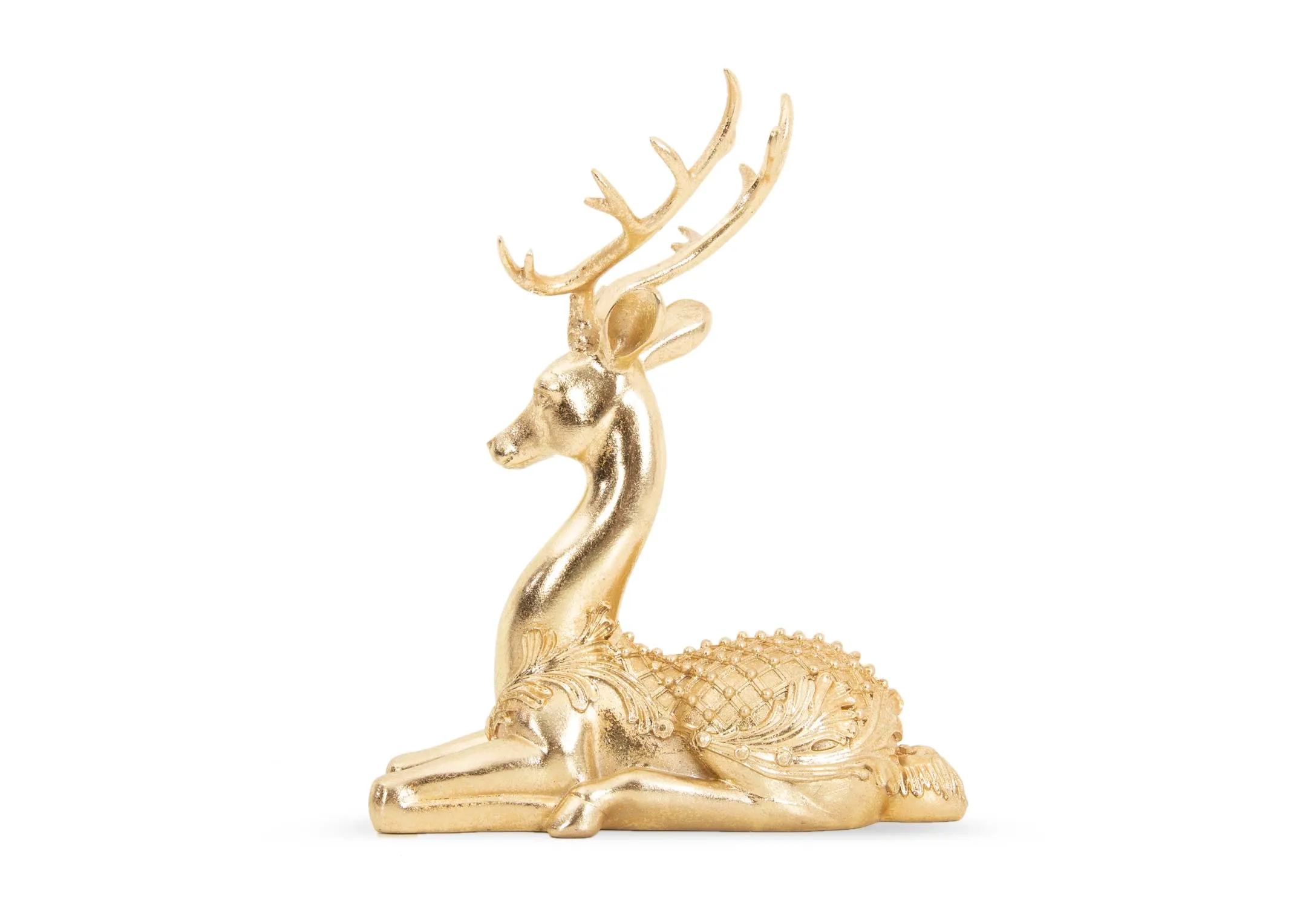 A large gold lying deer ornament from EZ Livings Christmas Range. Side view