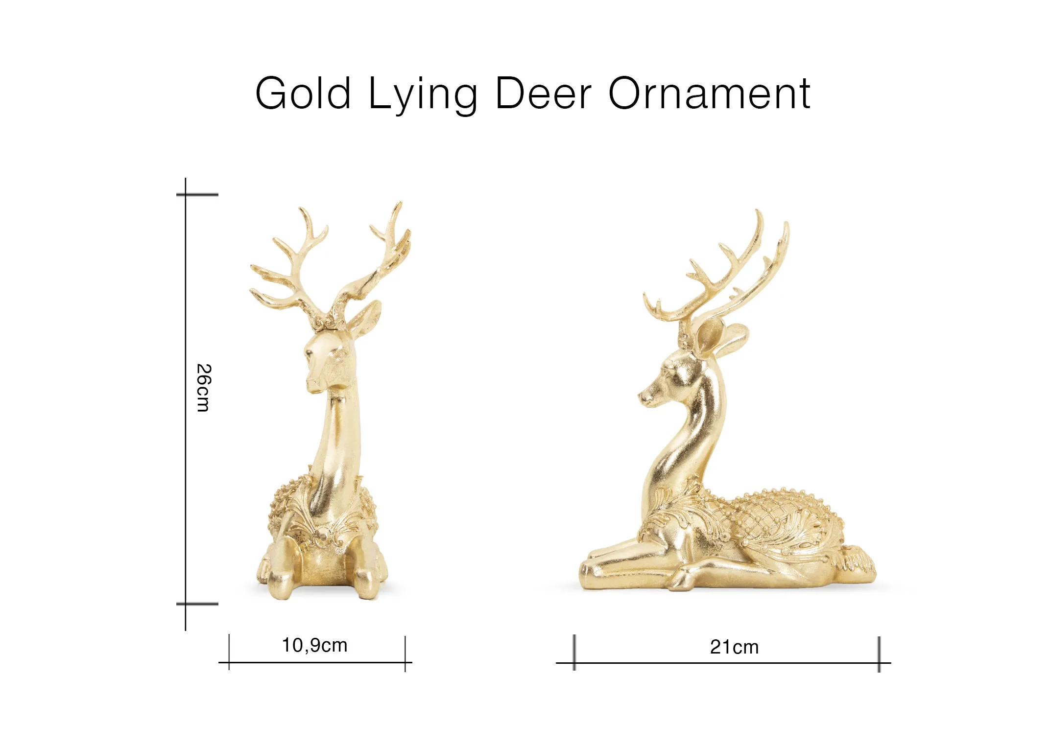 A dimension image of the Gold Lying Deer Ornament with 21cm x 10.5cm x 26cm 
